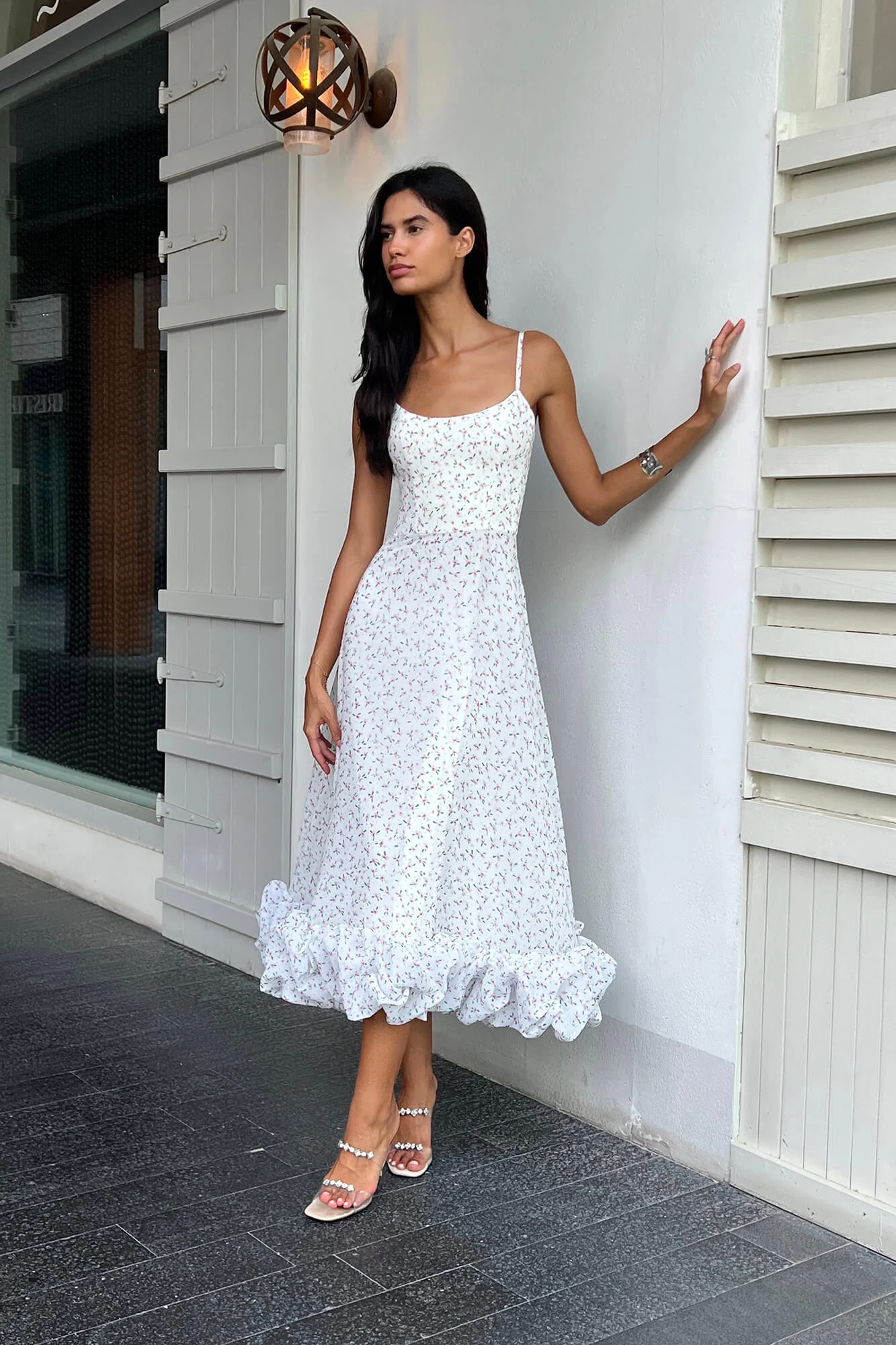 Floral Flounce Bustier Midi Dress