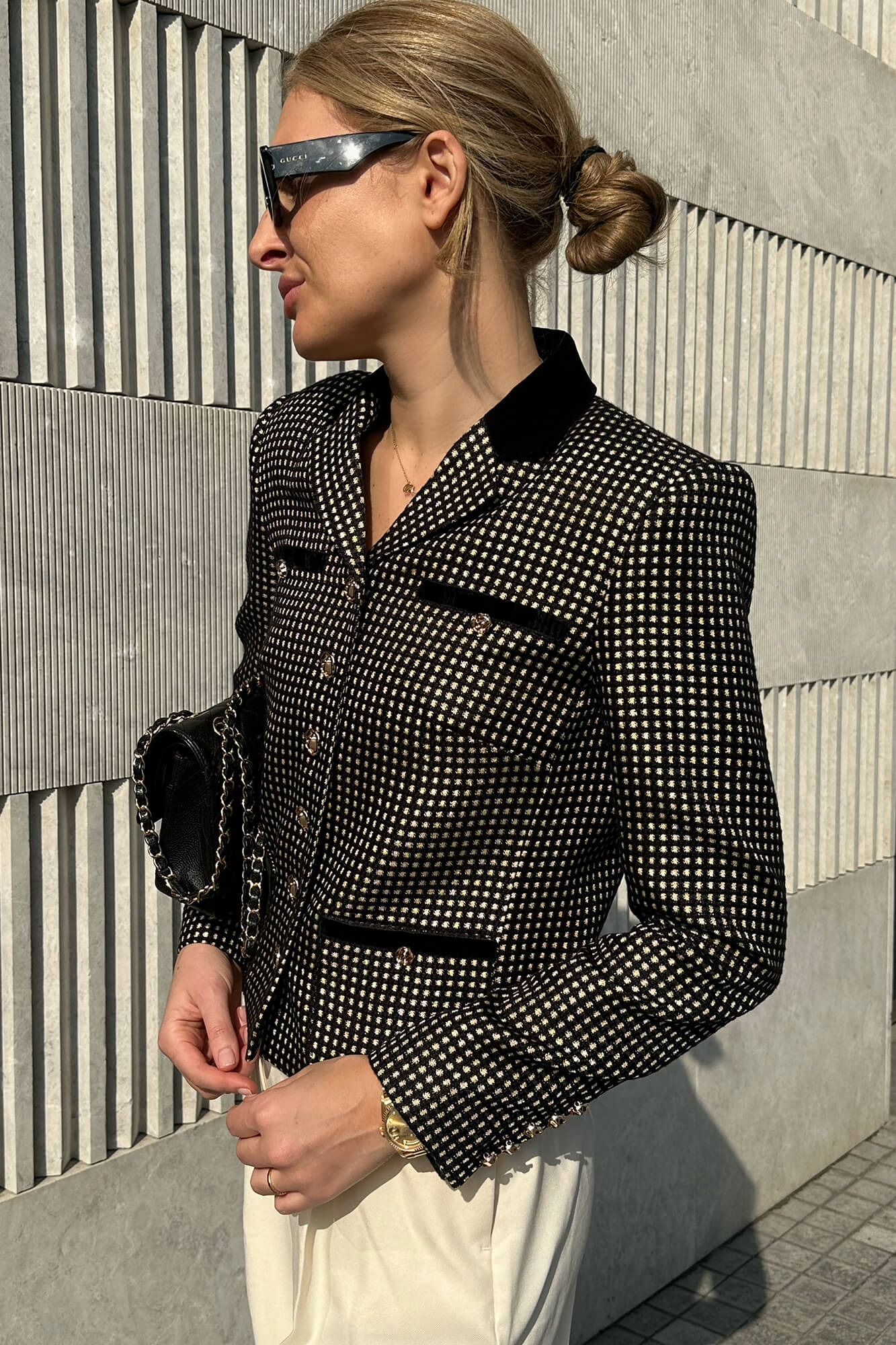 Single Breasted Velvet Trim Plaid Jacket