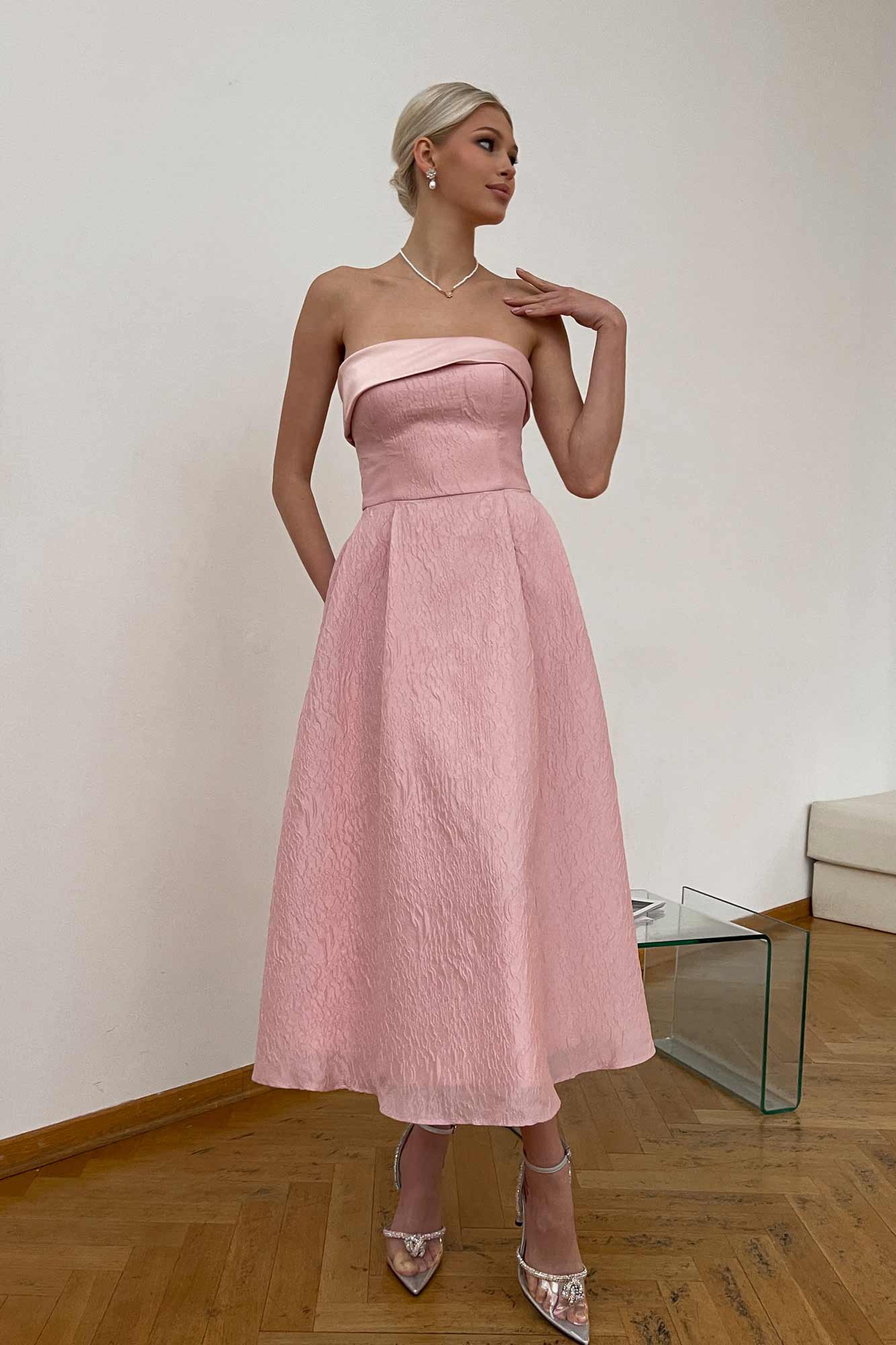 Jacquard Midi Dress with Satin Turn-up