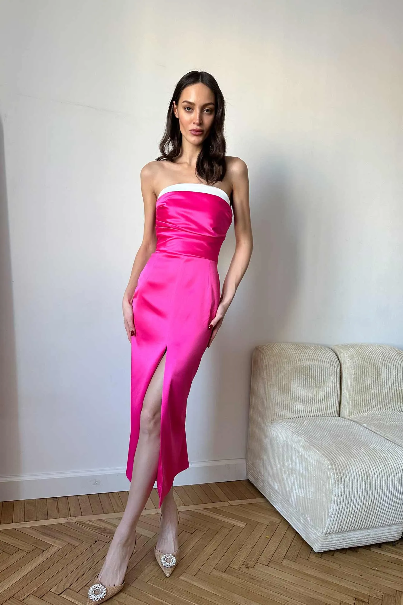 Satin Midi Dress with Contrast Turn-up