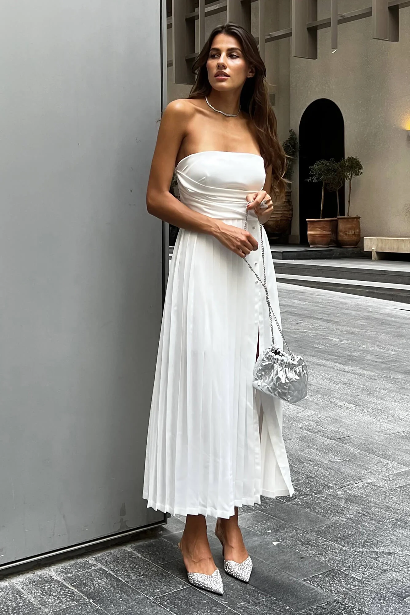 Corset Pleated Midi Dress