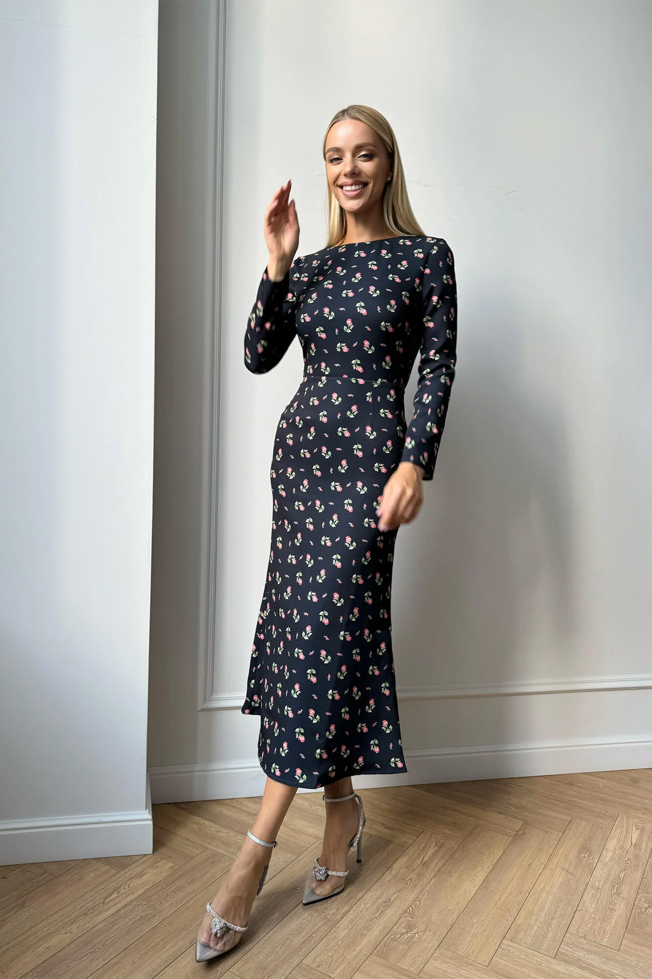 Godet Silhouette Long Sleeve Floral Midi Dress