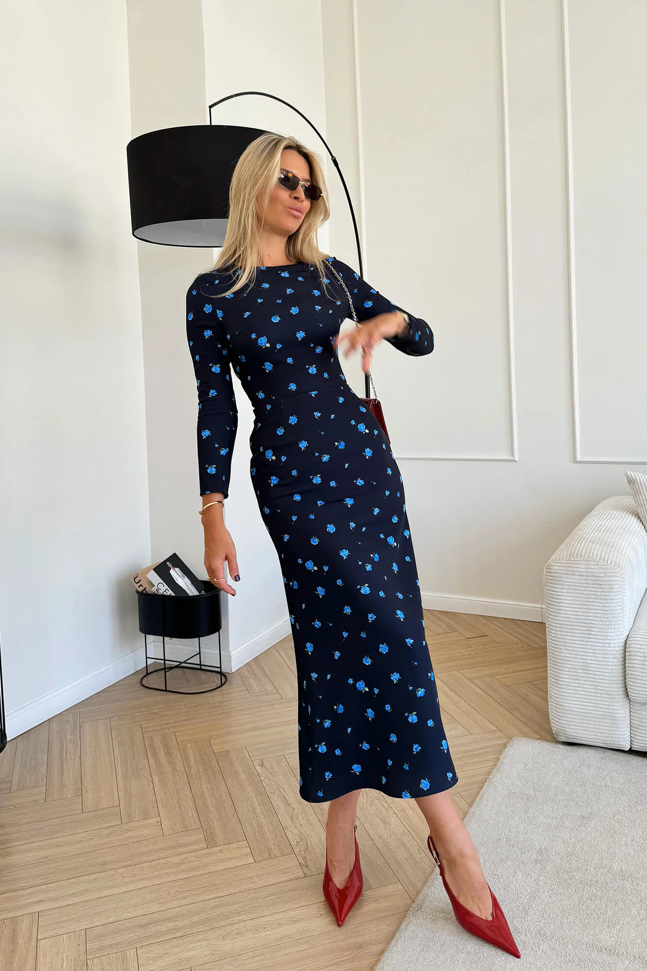 Godet Silhouette Long Sleeve Floral Midi Dress