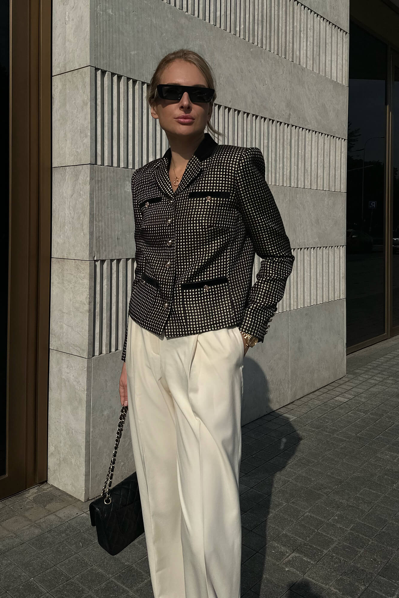 Single Breasted Velvet Trim Plaid Jacket