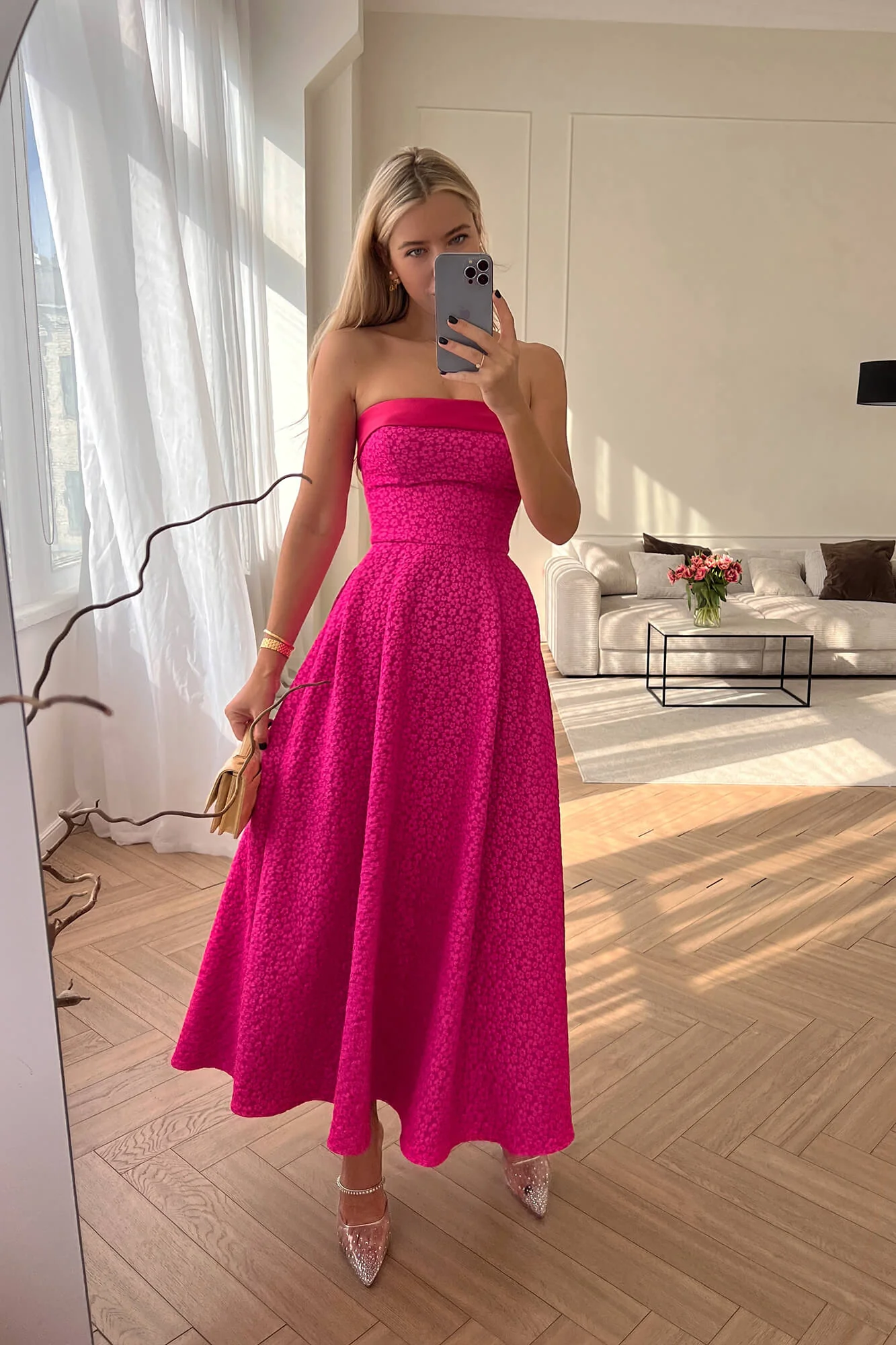Jacquard Midi Dress with Satin Turn-up