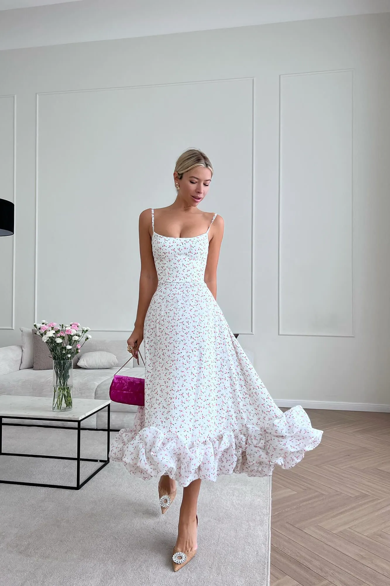 Floral Flounce Bustier Midi Dress