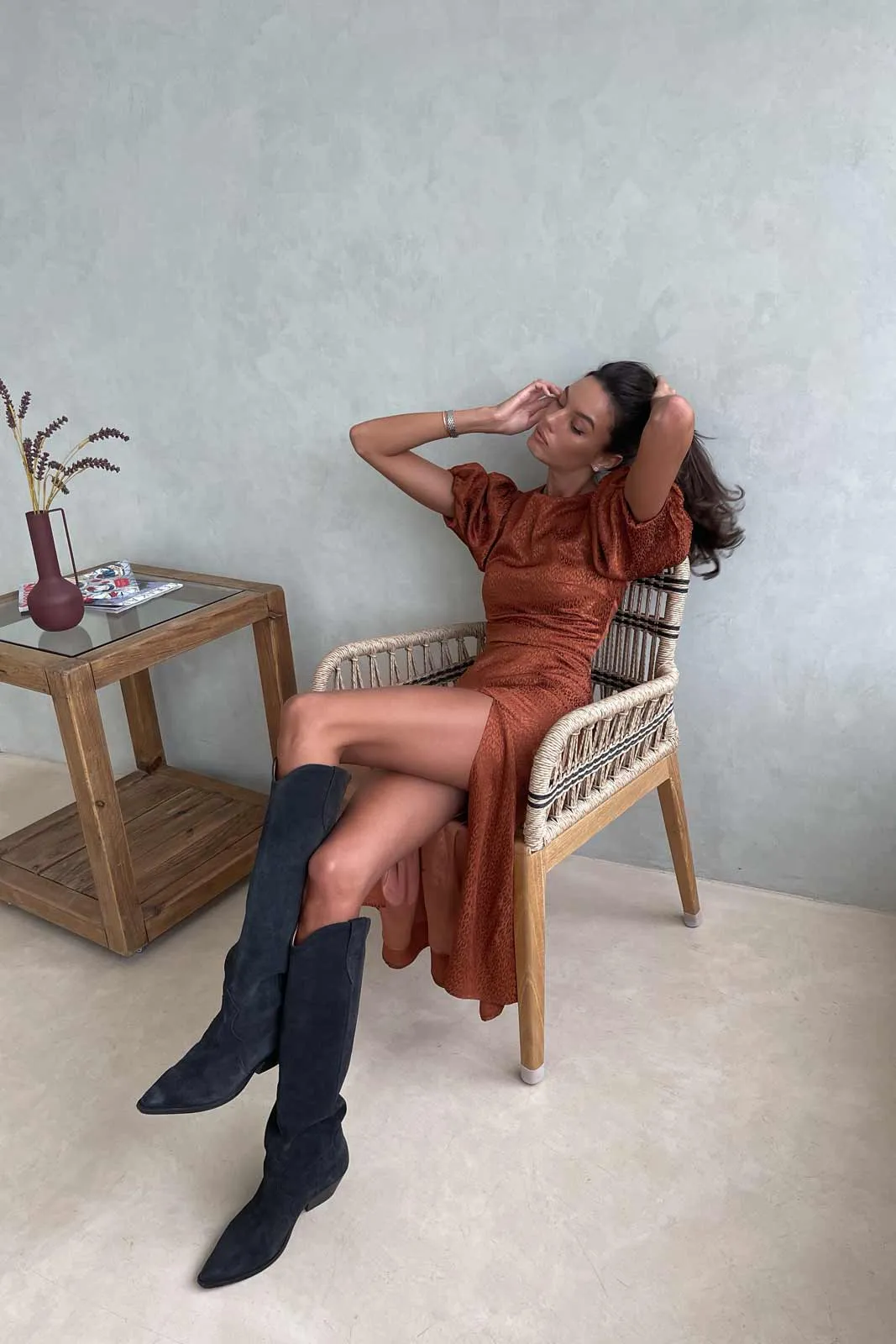 Viscose Puff Sleeve Slit Midi Dress