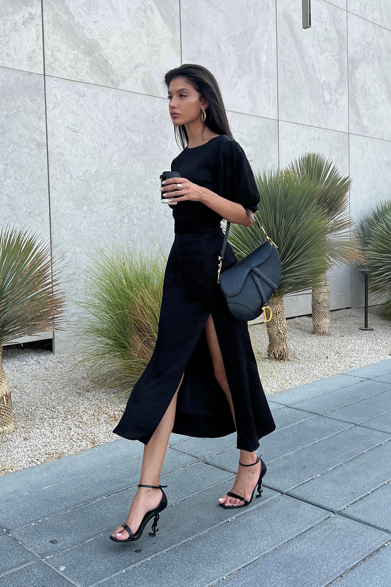 Viscose Puff Sleeve Slit Midi Dress