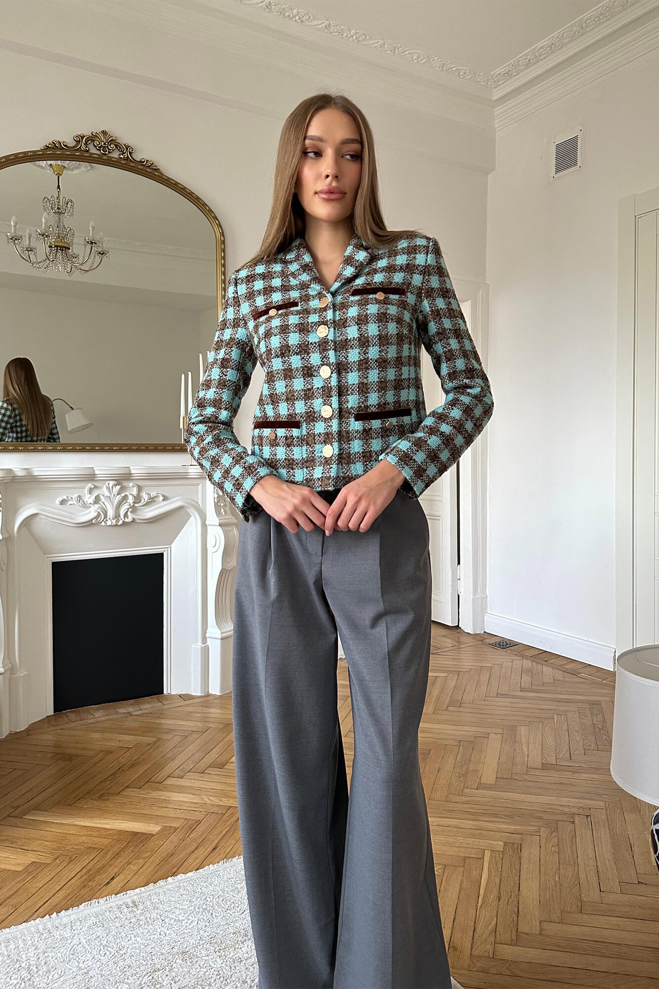 Single Breasted Velvet Trim Plaid Jacket