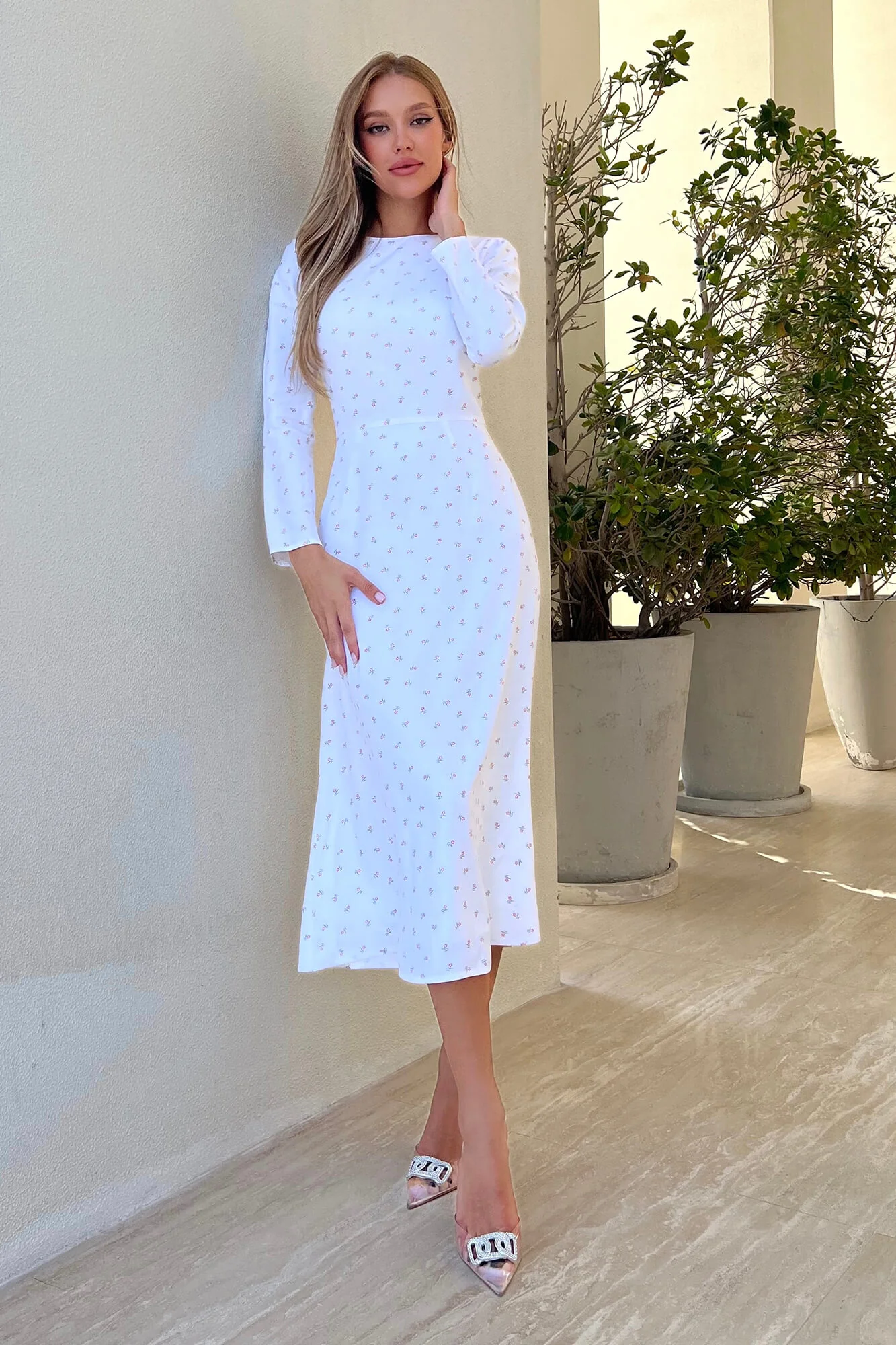 Godet Silhouette Long Sleeve Midi Dress