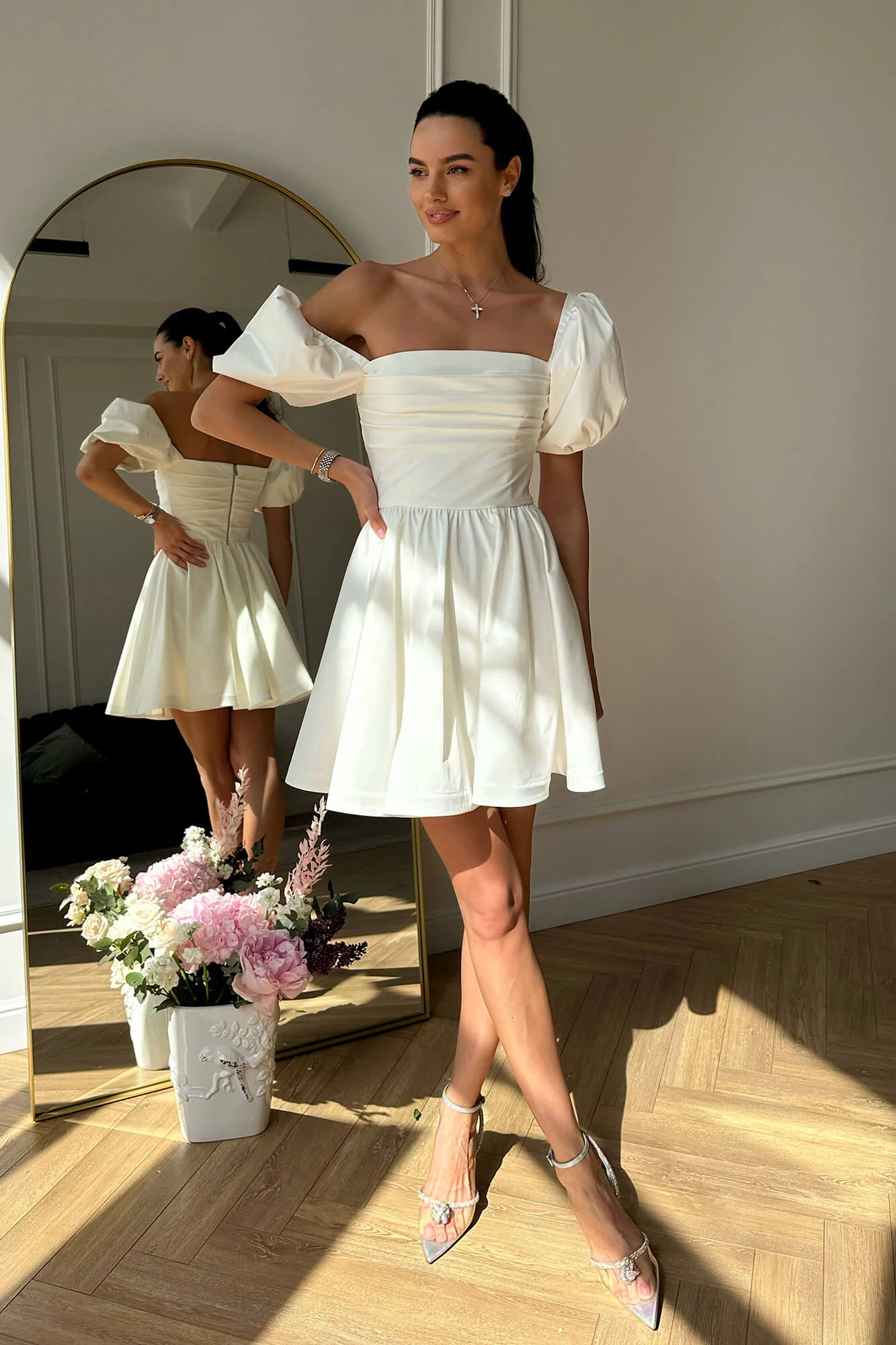 Puffy Sleeve Draped Bodice Mini Dress