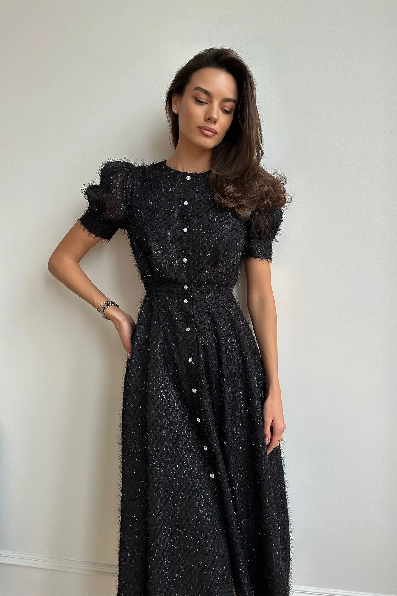 Sequin Button Front Midi Dress
