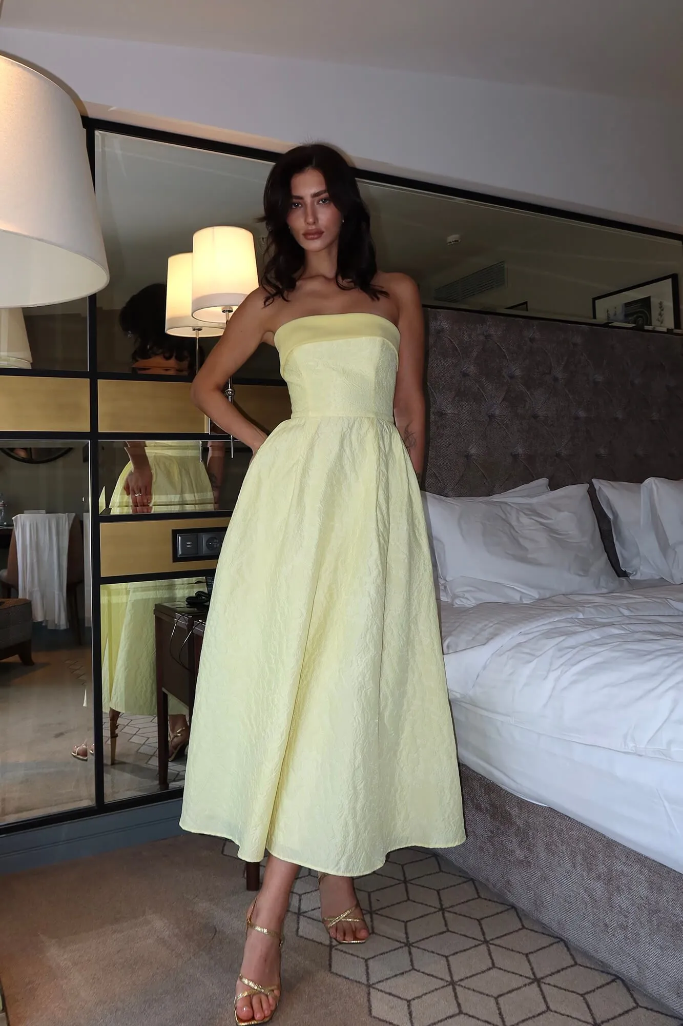 Jacquard Midi Dress with Satin Turn-up