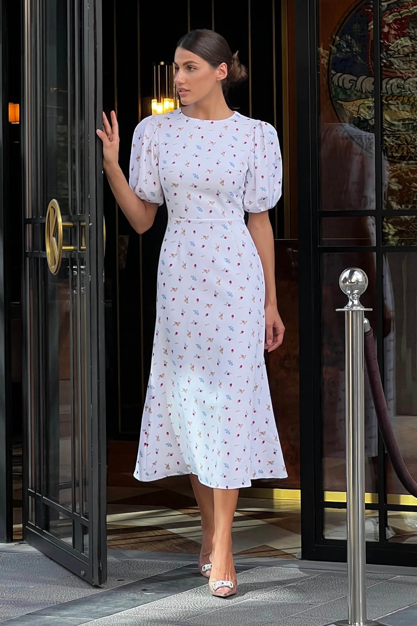 Puff Sleeve Printed Midi Dress