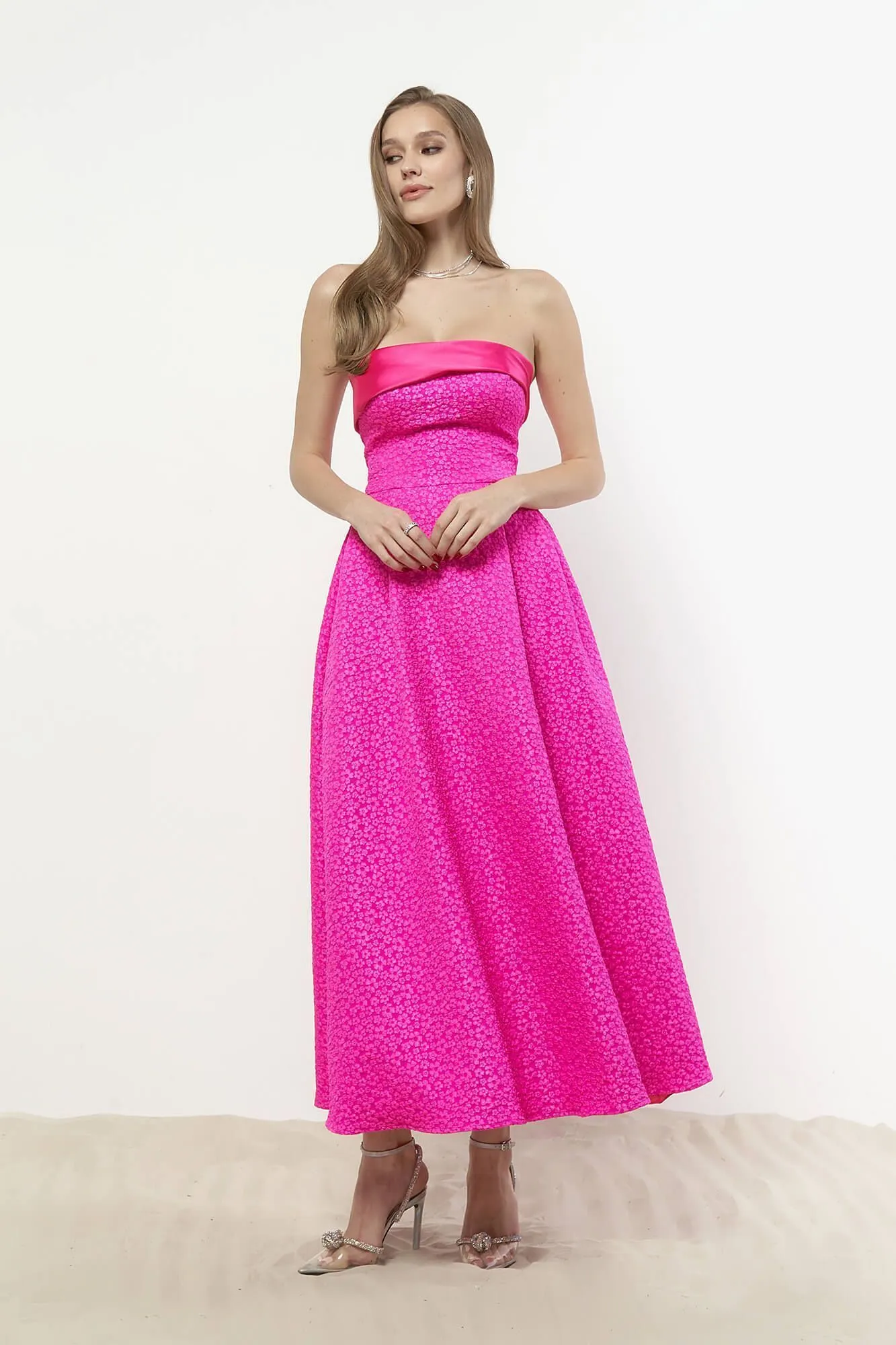 Jacquard Midi Dress with Satin Turn-up