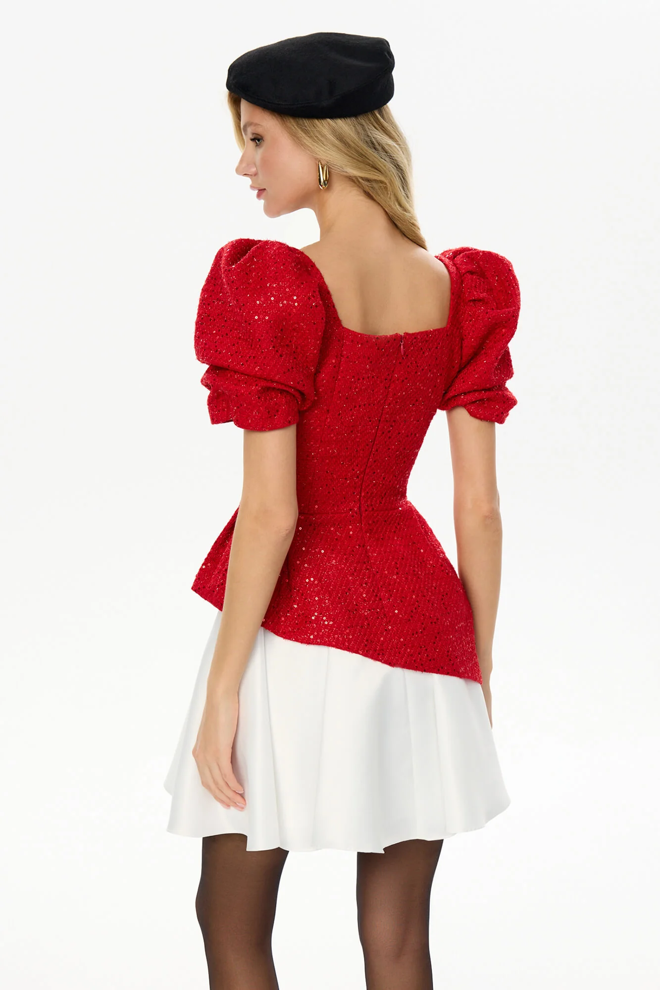 Square Neck Short Sleeve Tweed Top