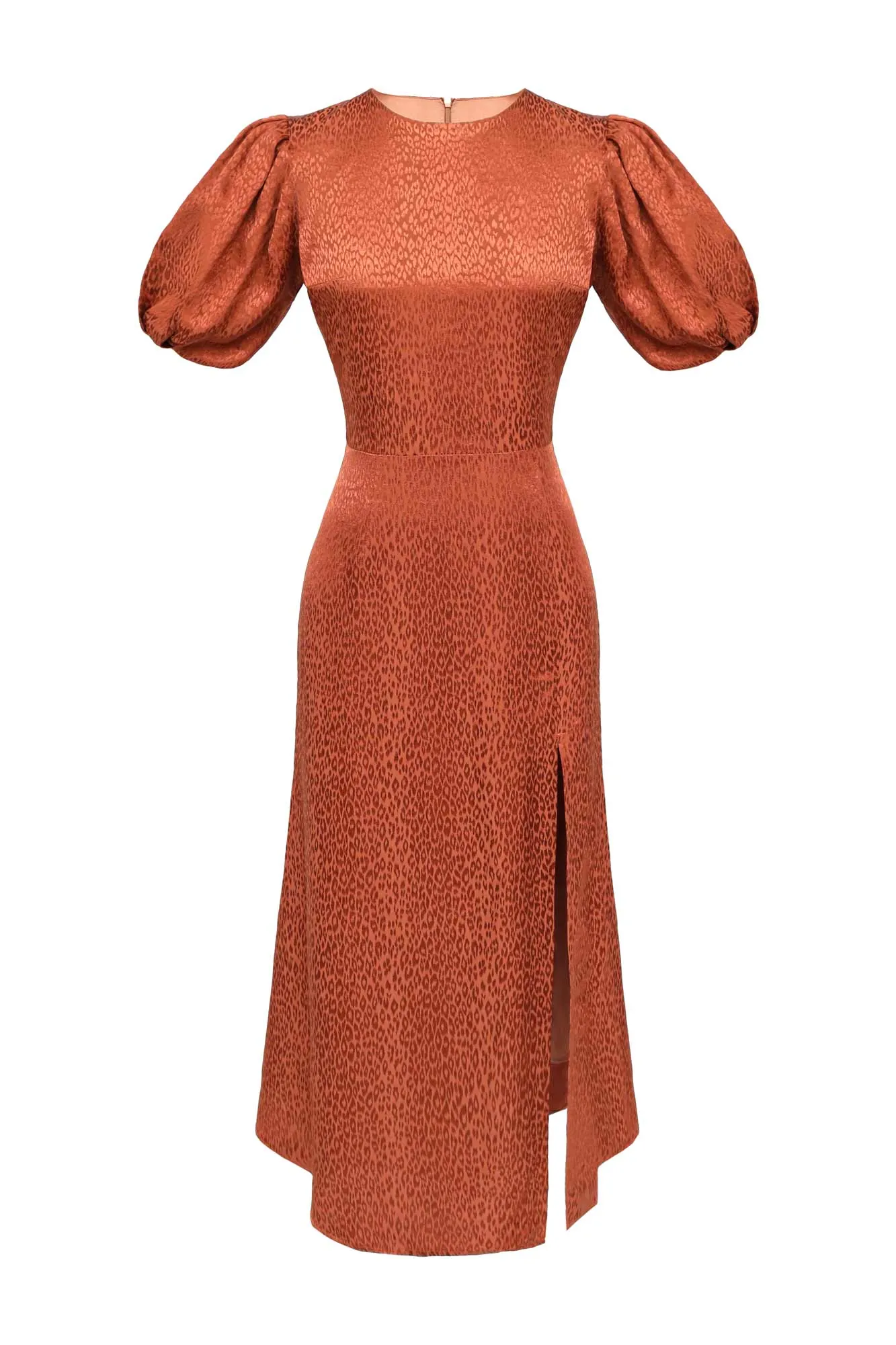 Viscose Puff Sleeve Slit Midi Dress