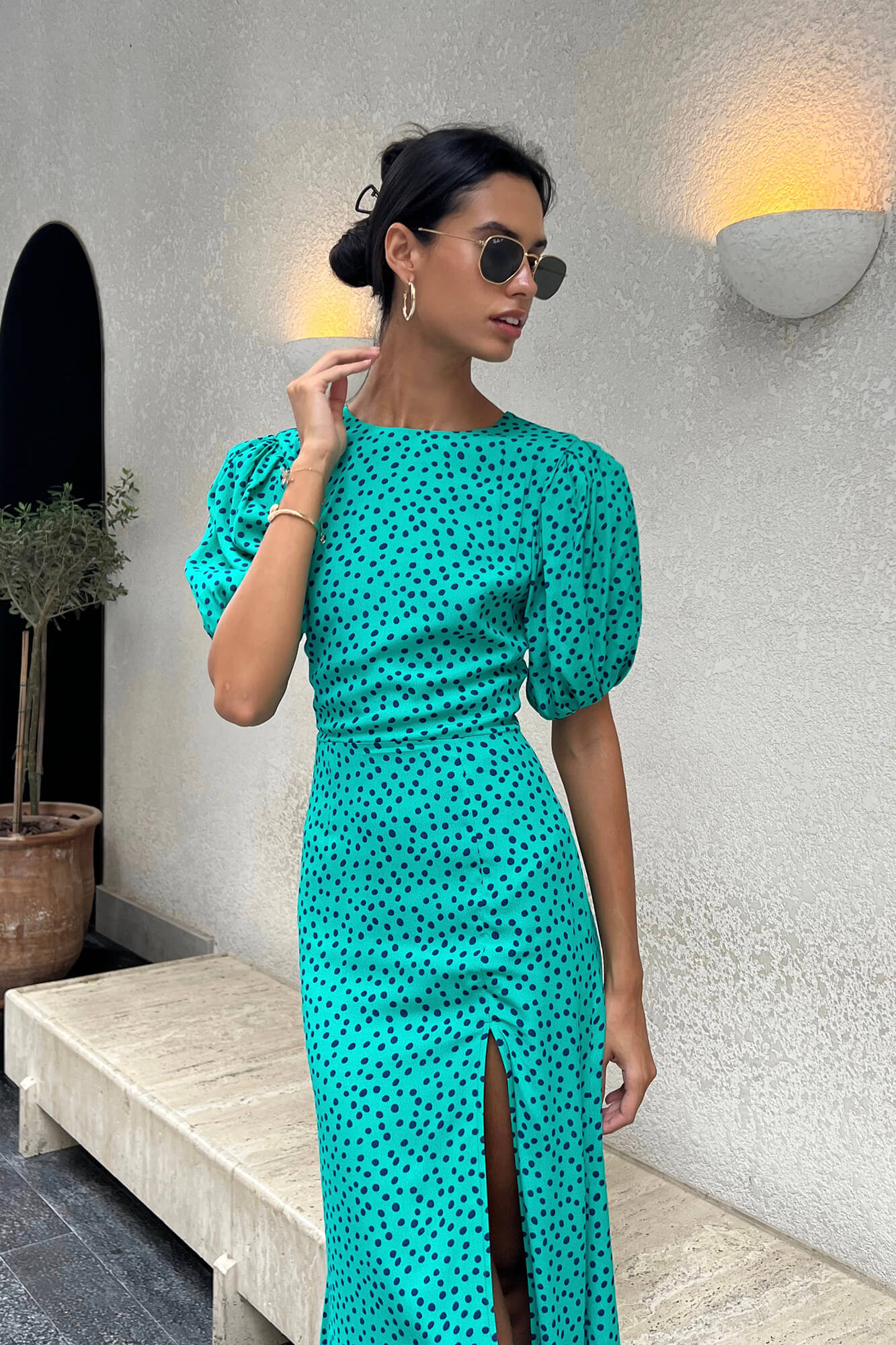 Viscose Puff Sleeve Slit Midi Dress