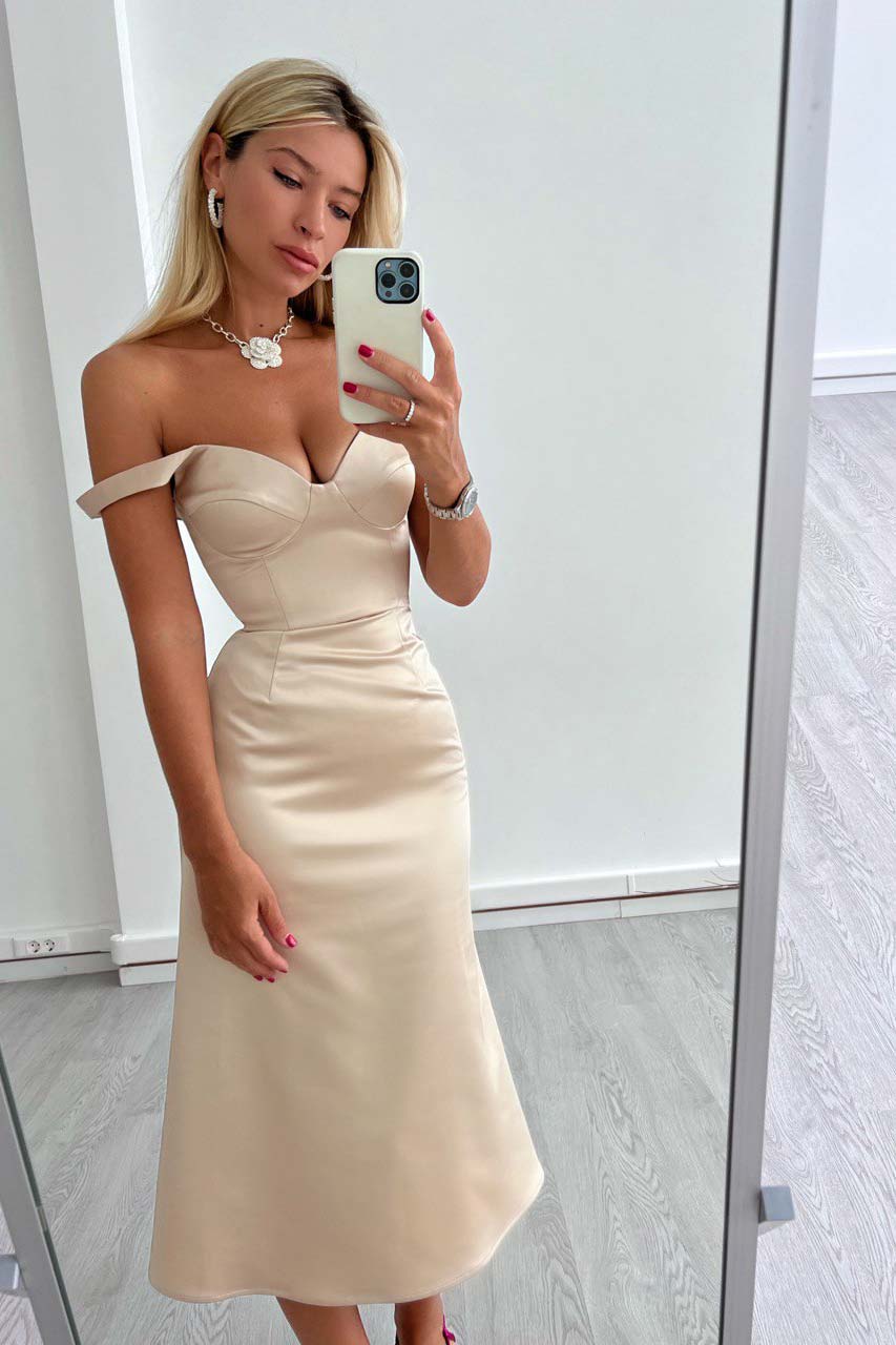 Satin V neck Midi Dress