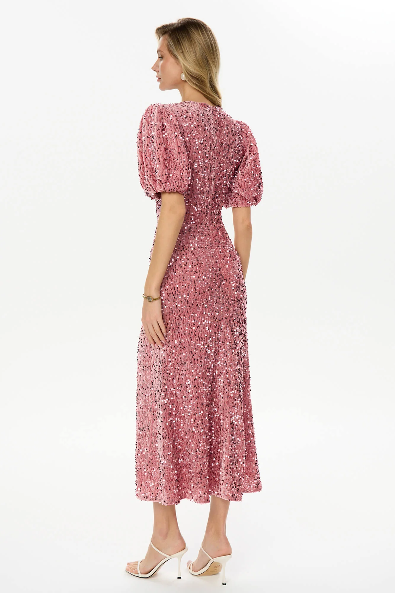 Sequin Decorated Velvet Puff Sleeve Midi Dress