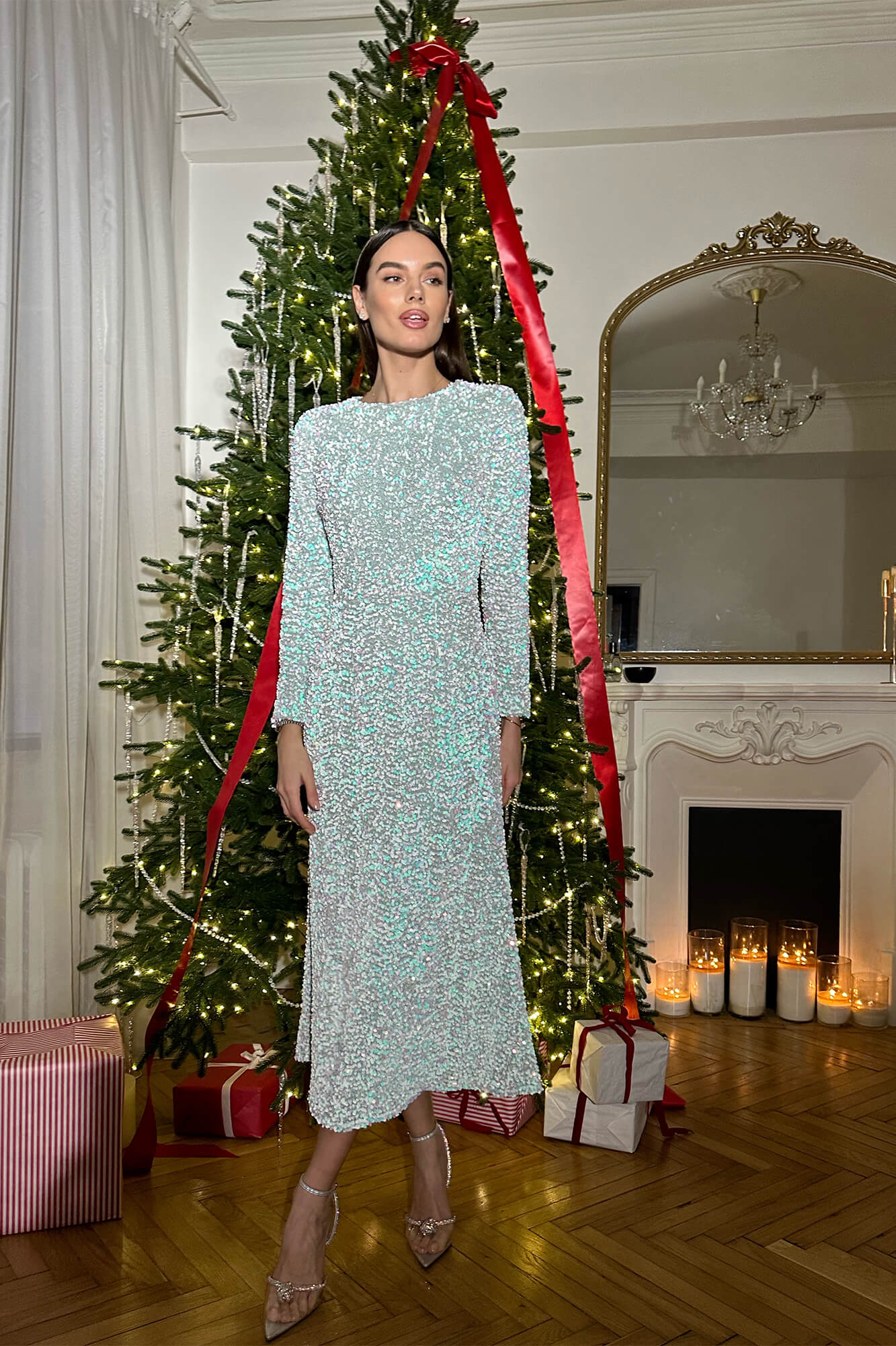 Sequin Decorated Velvet Long Sleeve Midi Dress