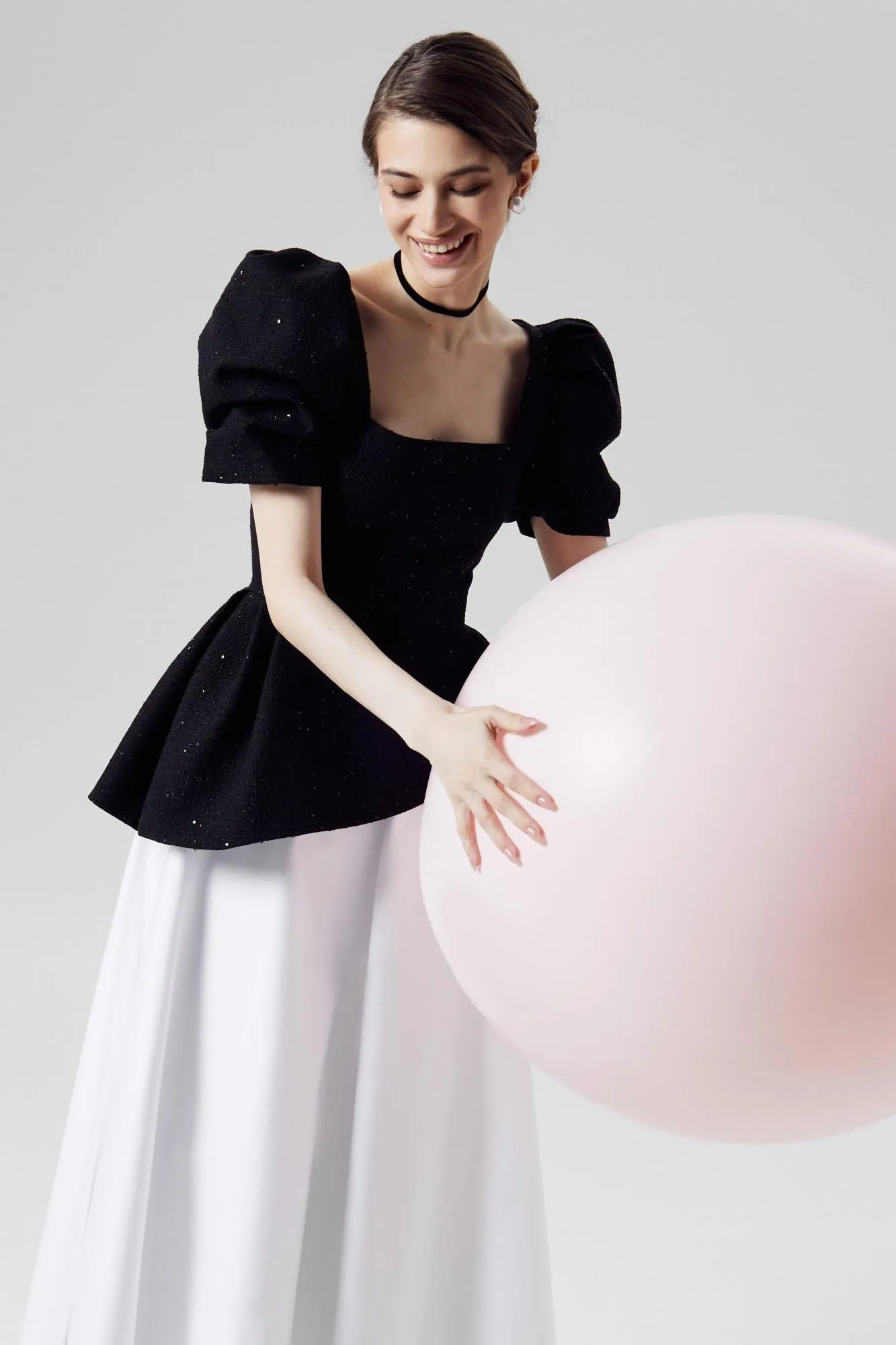 Square Neck Short Sleeve Tweed Top