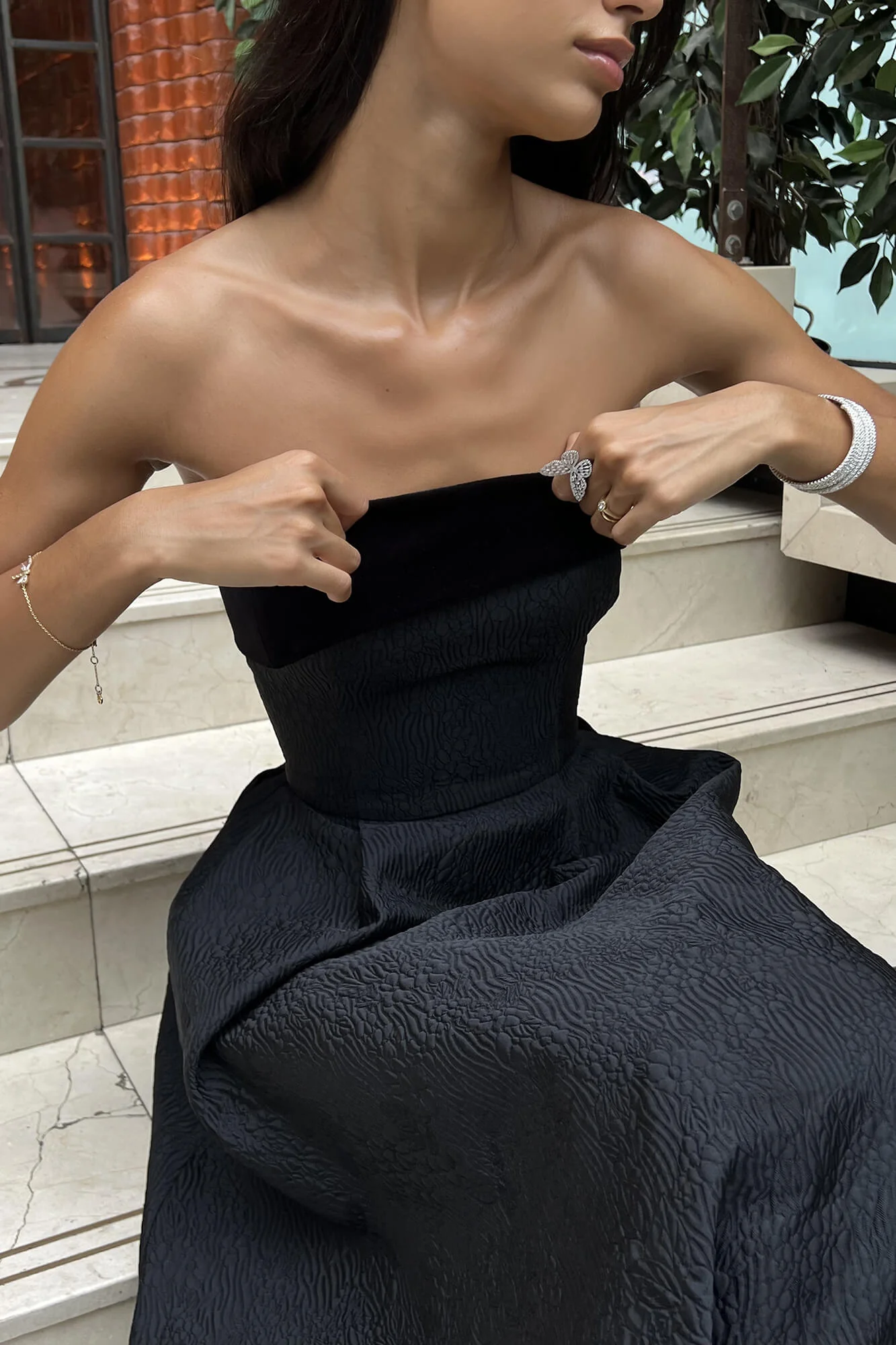 Jacquard Midi Dress with Velvet Turn-up