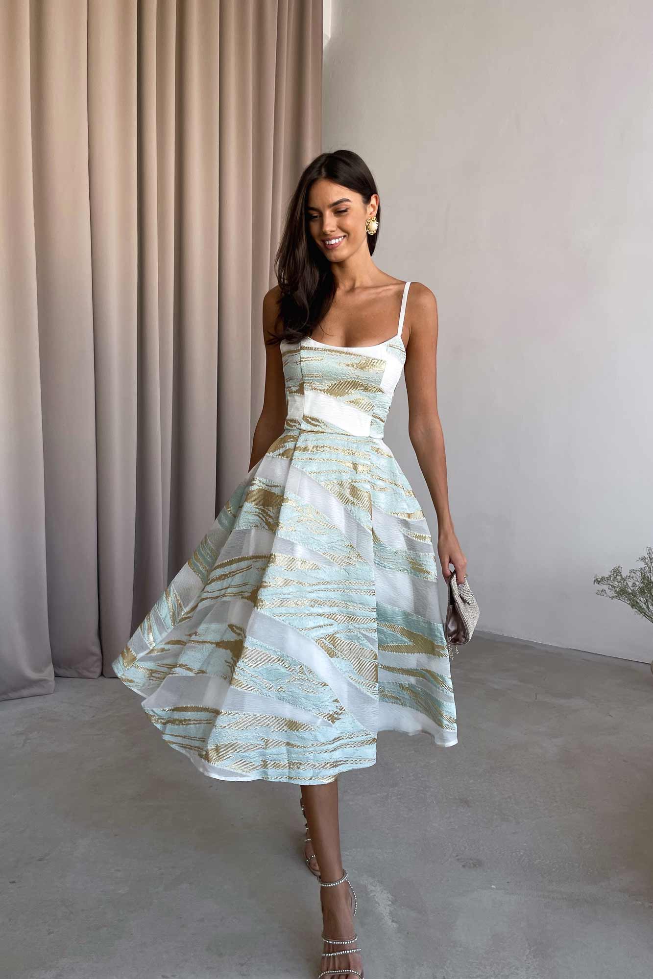 Jacquard Gold Print Bustier Dress