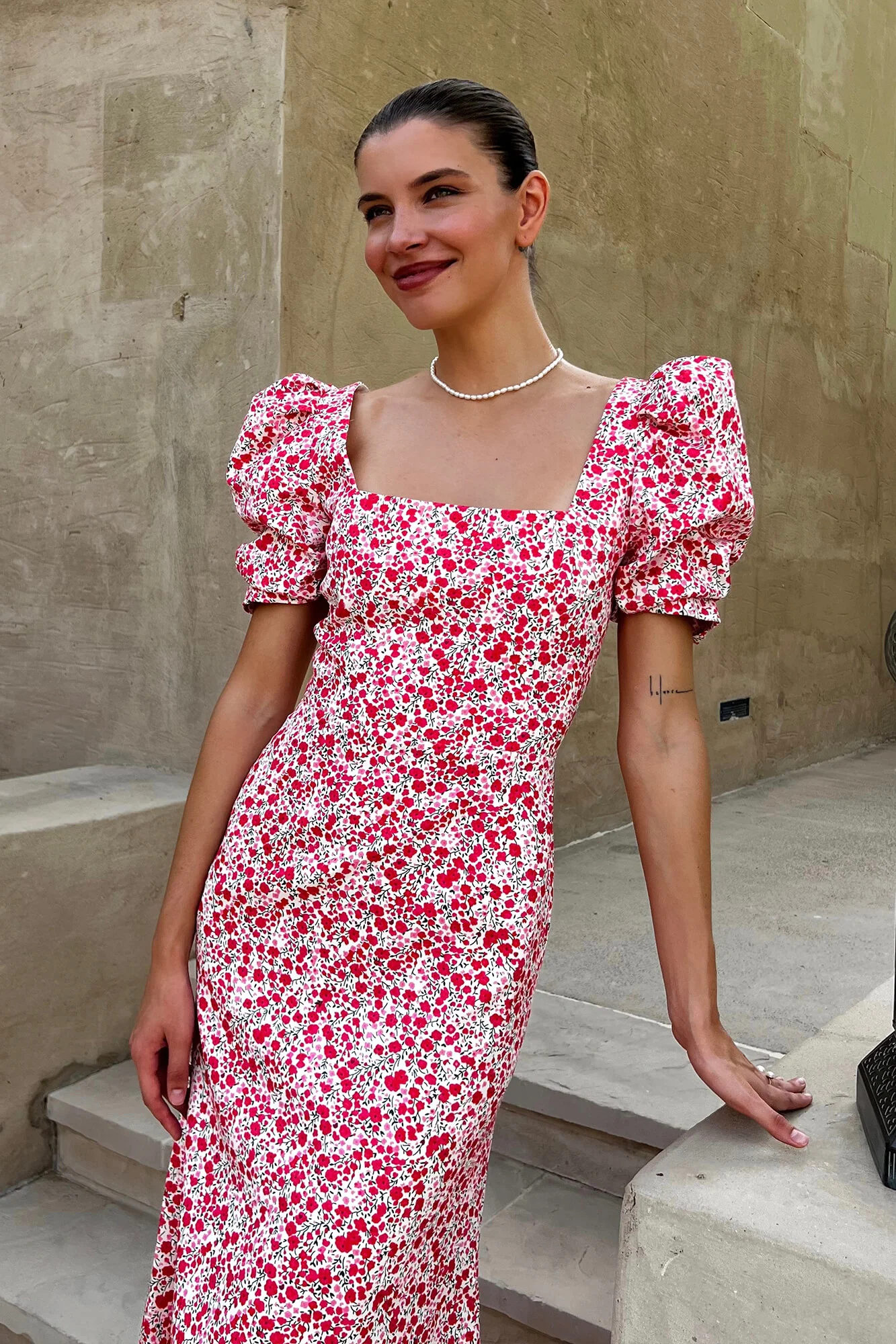 Godet Silhouette Square Neck Midi Dress