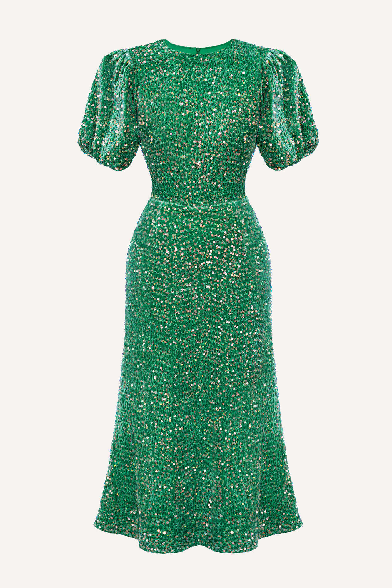 Sequin Decorated Velvet Puff Sleeve Midi Dress