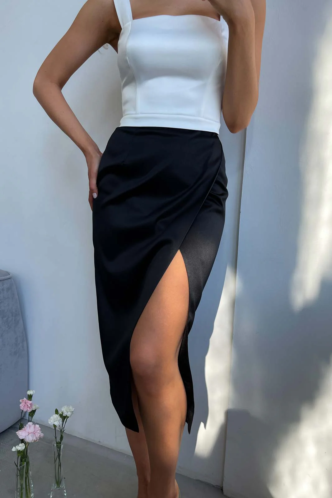 Satin Wrap Midi Skirt
