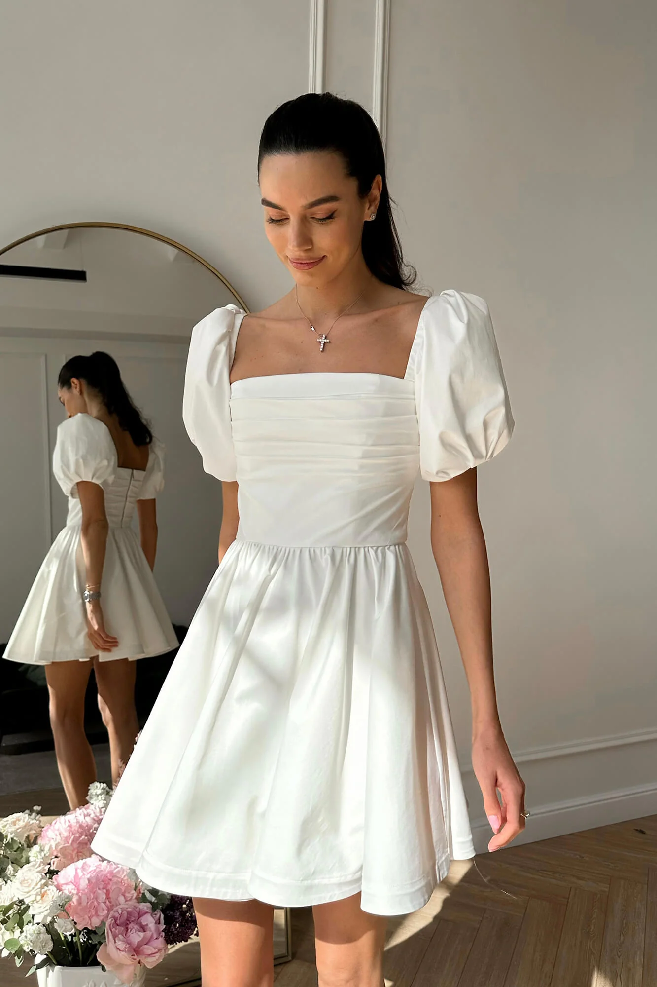 Puffy Sleeve Draped Bodice Mini Dress