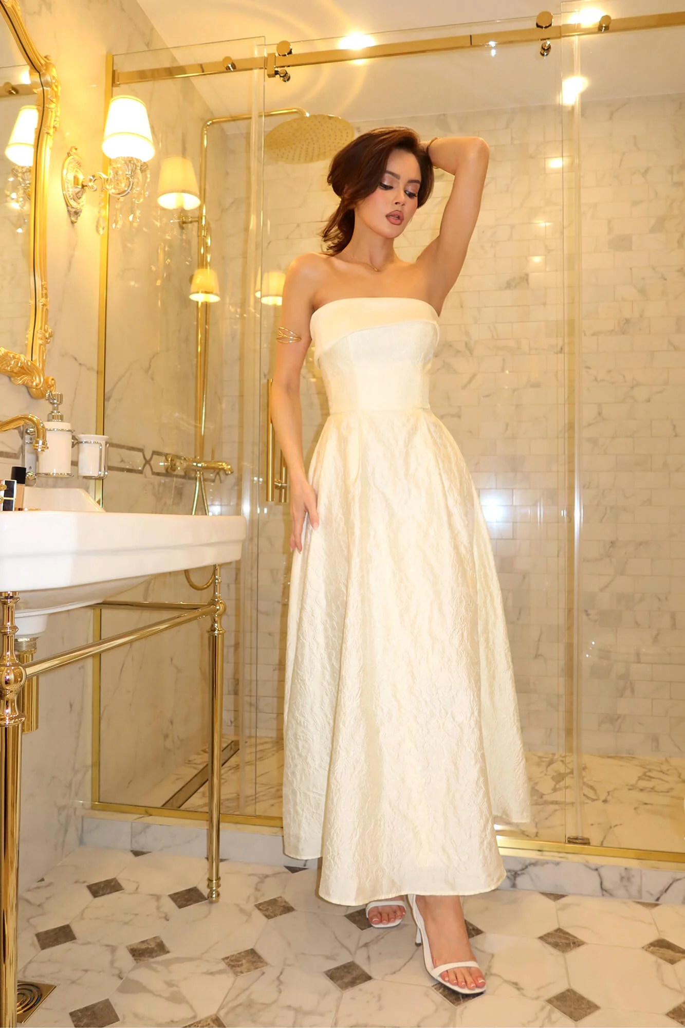 Jacquard Midi Dress with Satin Turn-up