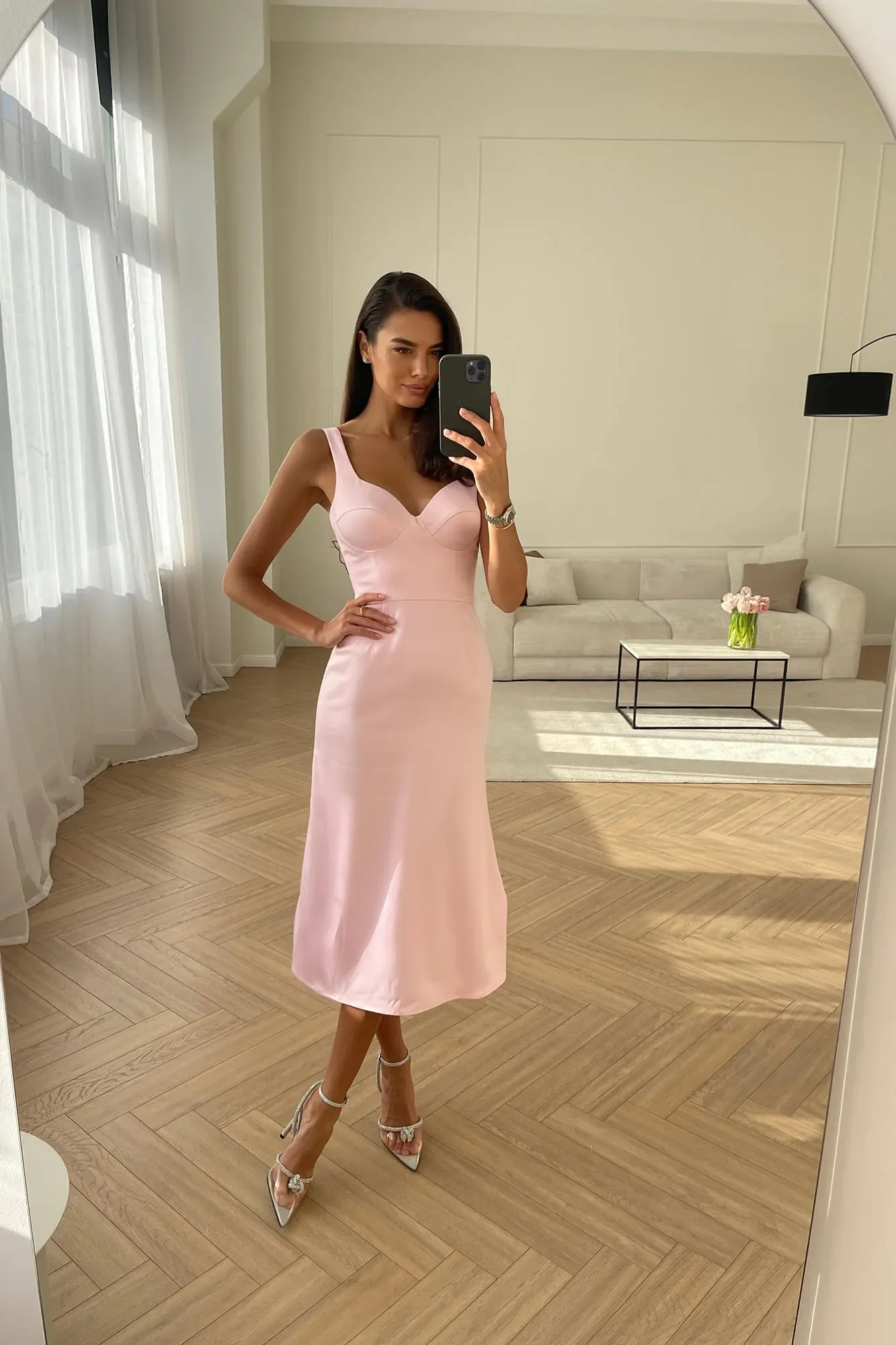 Satin V neck Midi Dress
