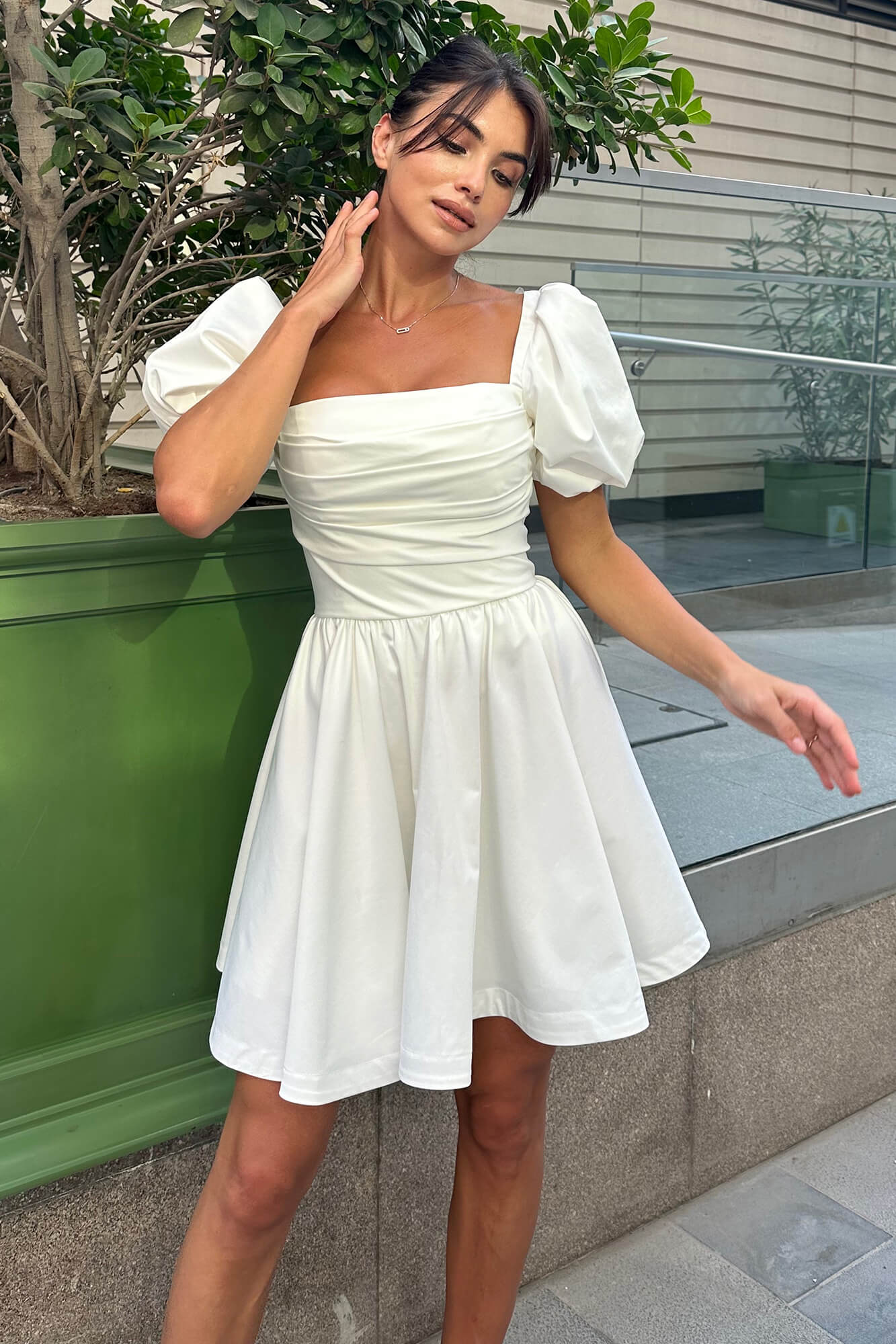Puffy Sleeve Draped Bodice Mini Dress
