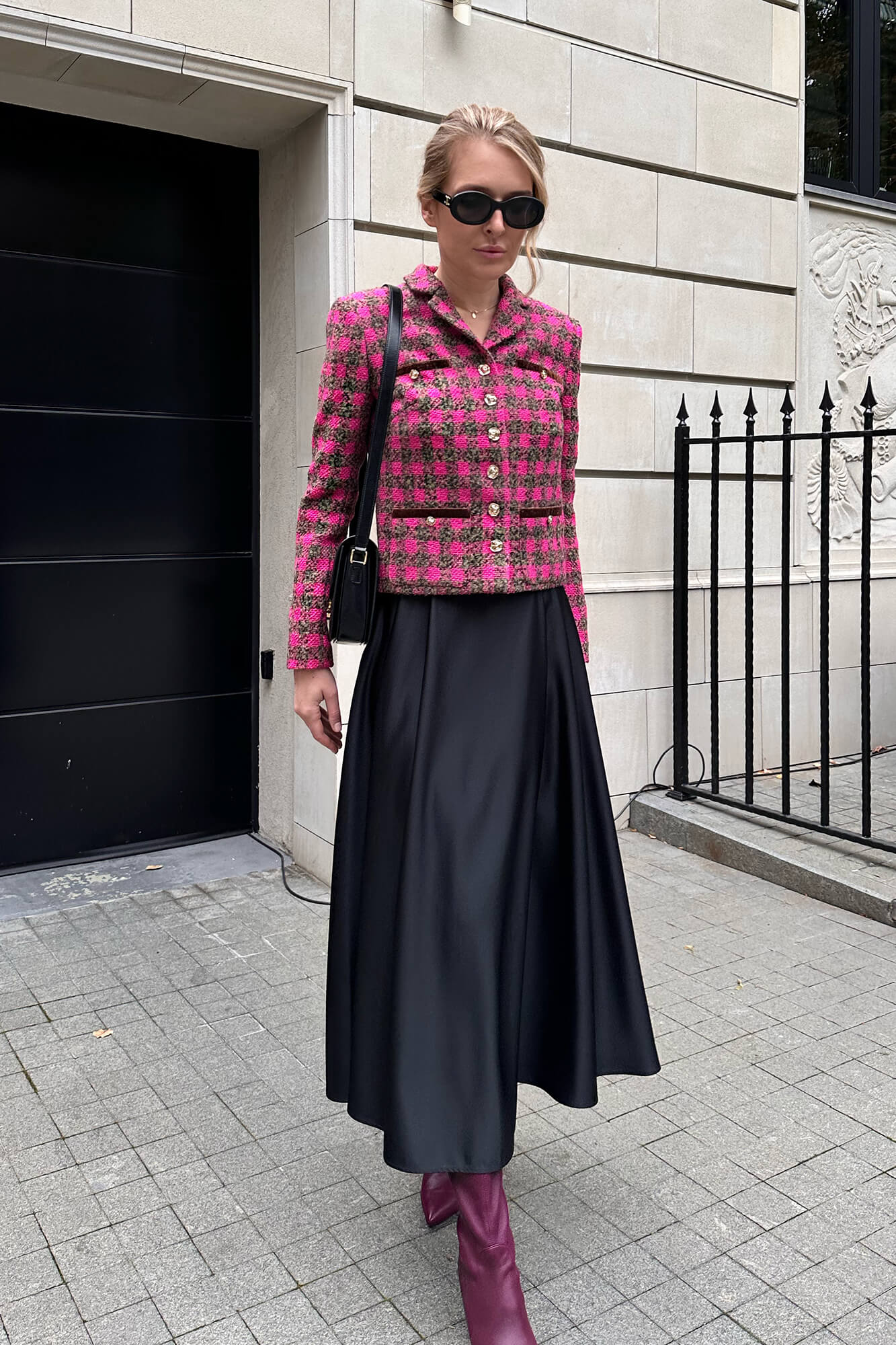 Single Breasted Velvet Trim Plaid Jacket