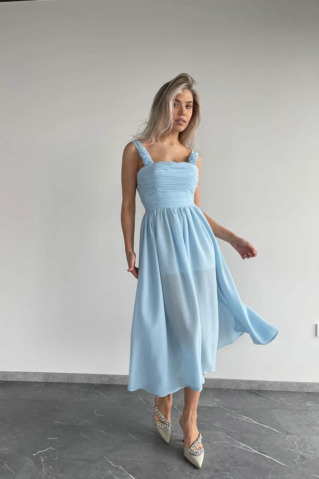 Draped Bodice Chiffon Midi Dress