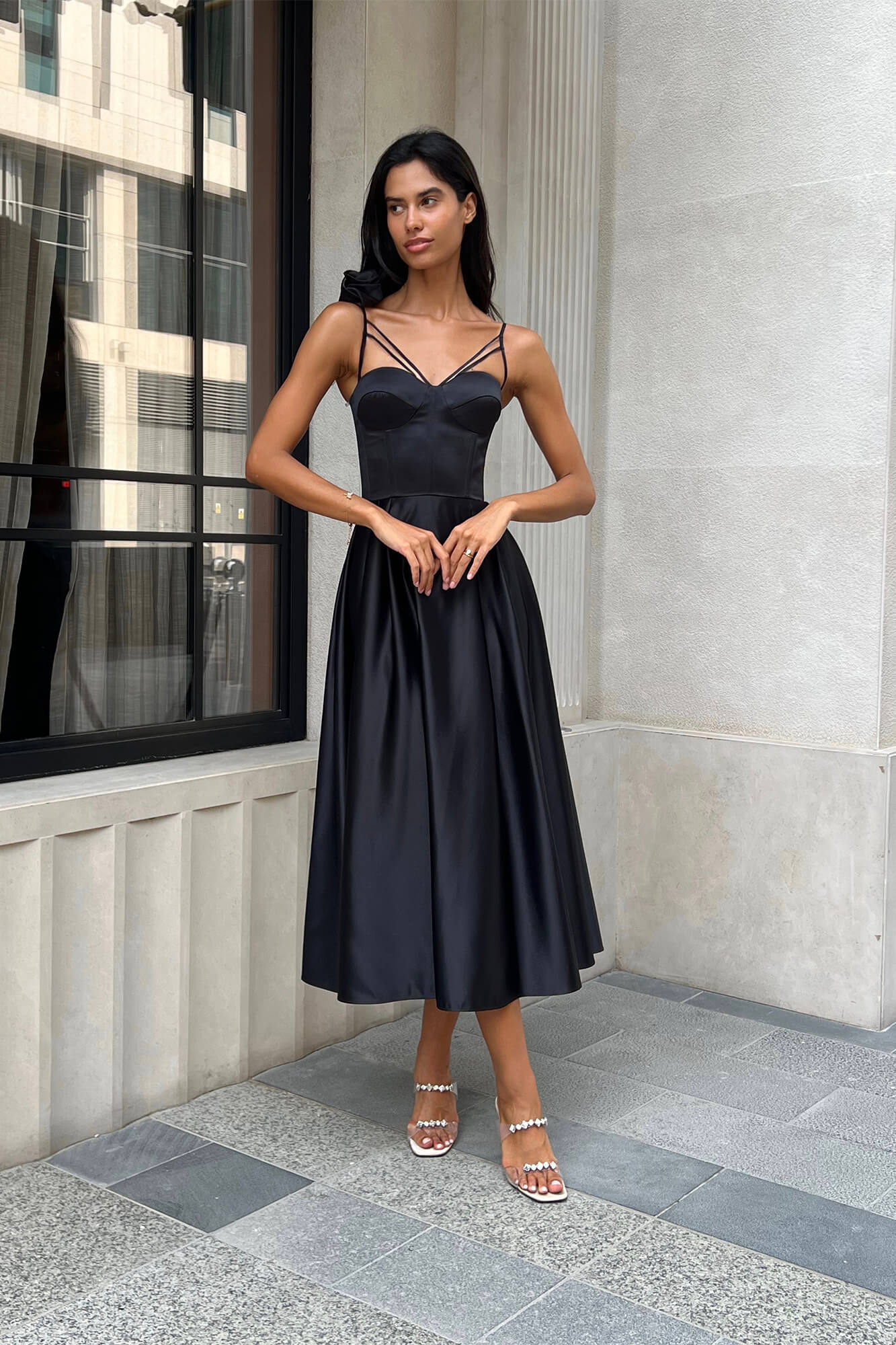 Rose Detail Bell Corset Midi Dress