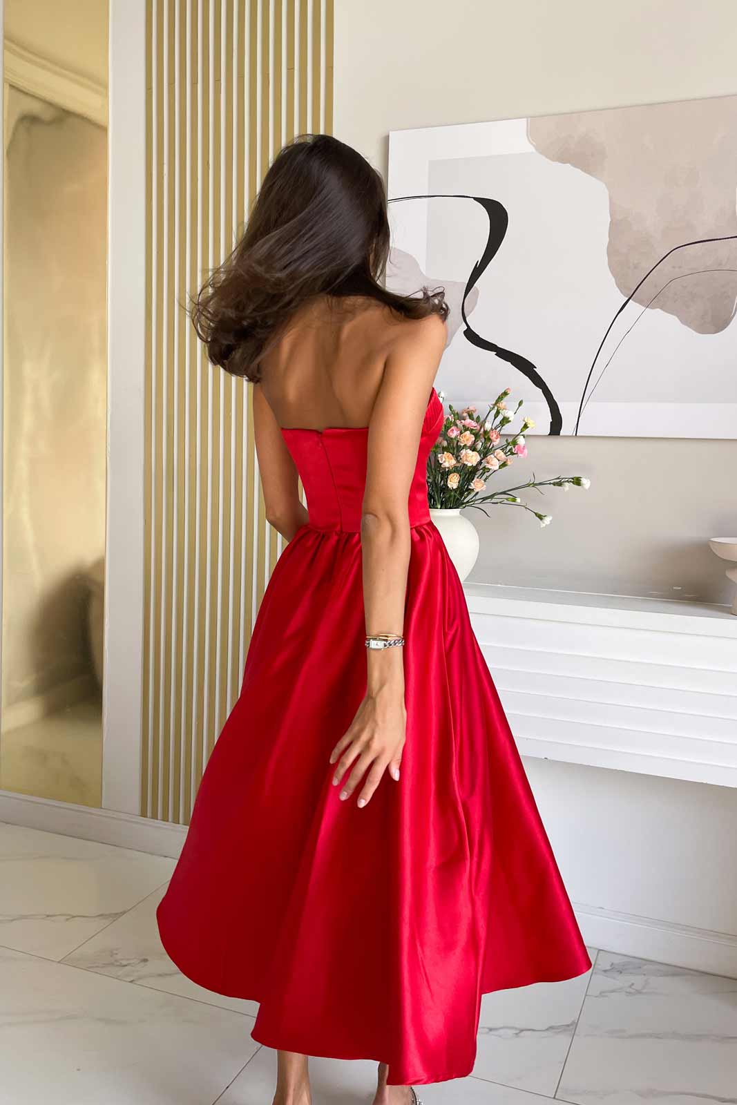 Bustier Pleated Bust Cups Midi Dress