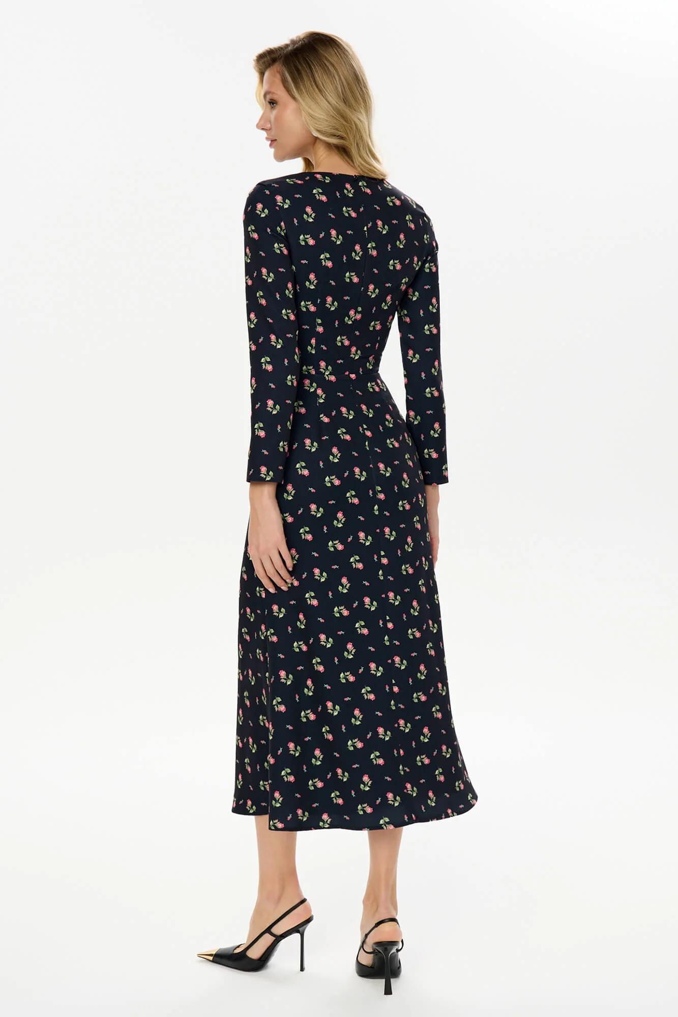 Godet Silhouette Long Sleeve Floral Midi Dress