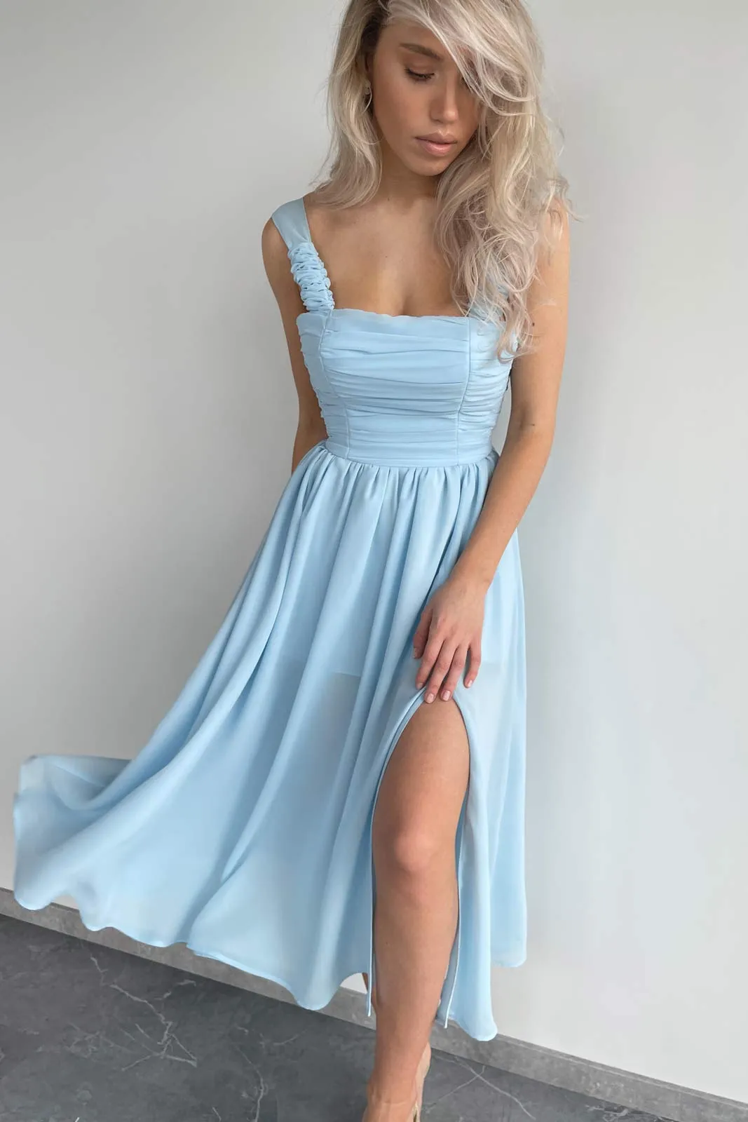 Draped Bodice Chiffon Midi Dress