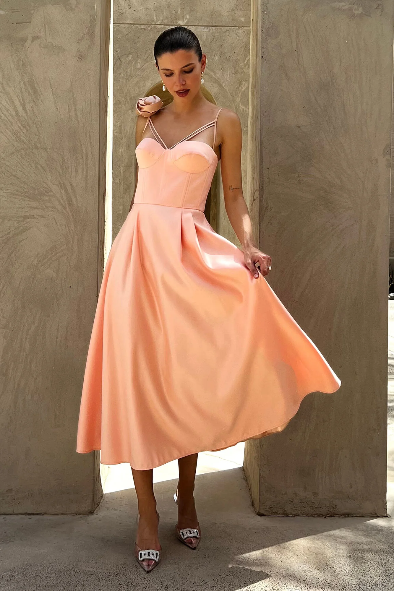 Rose Detail Bell Corset Midi Dress