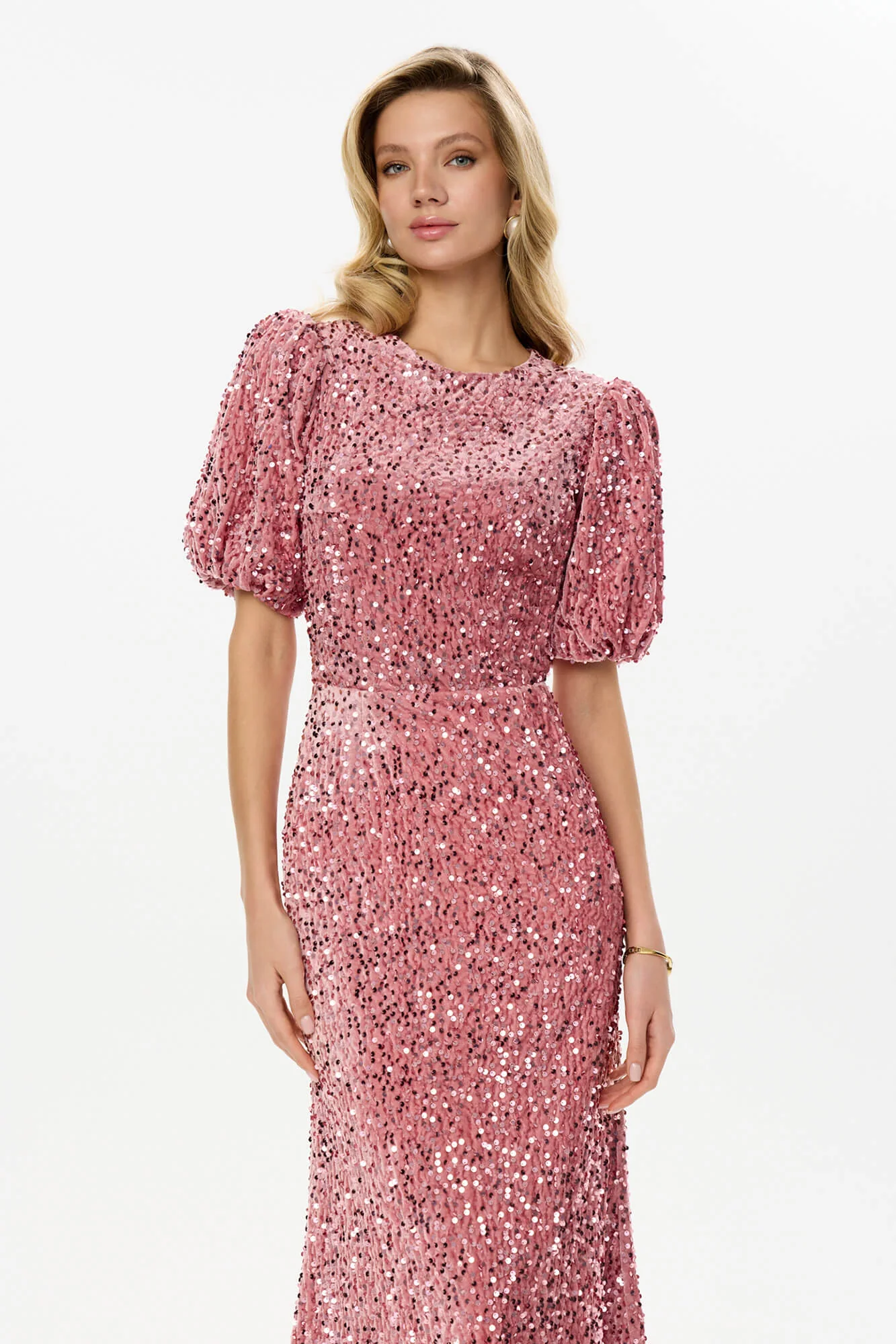 Sequin Decorated Velvet Puff Sleeve Midi Dress