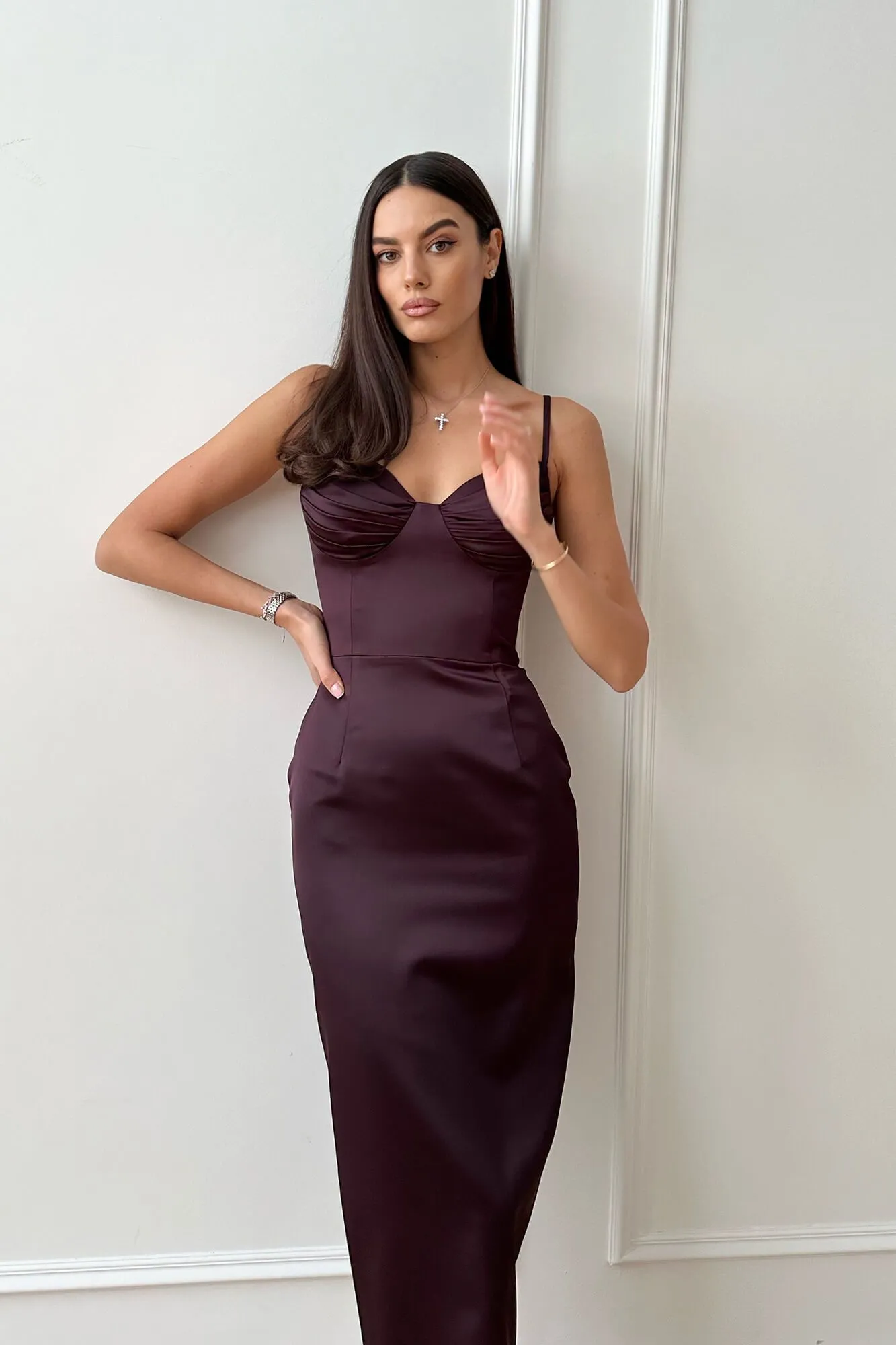 Frill Cups Satin Midi Dress