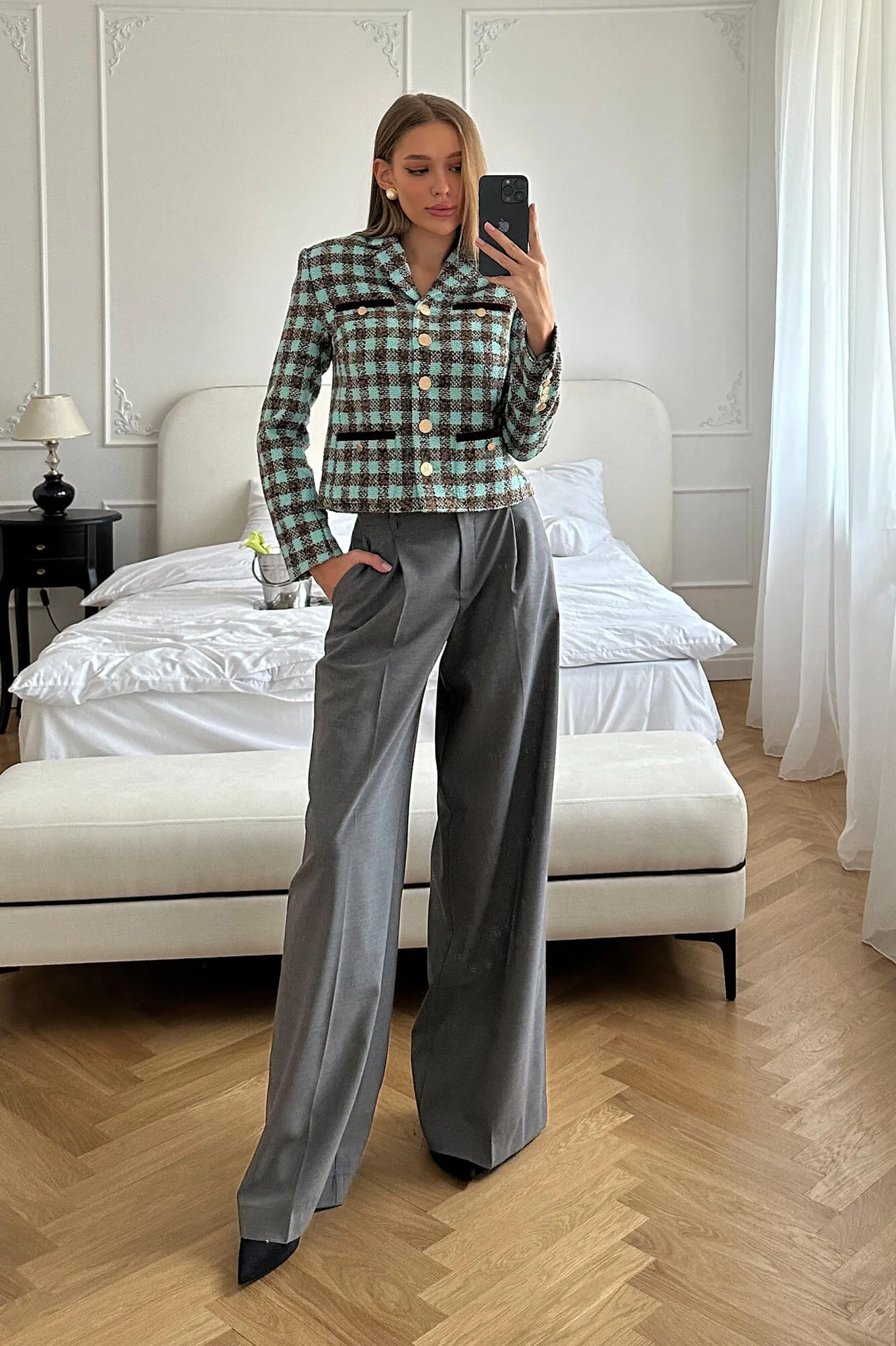 Single Breasted Velvet Trim Plaid Jacket