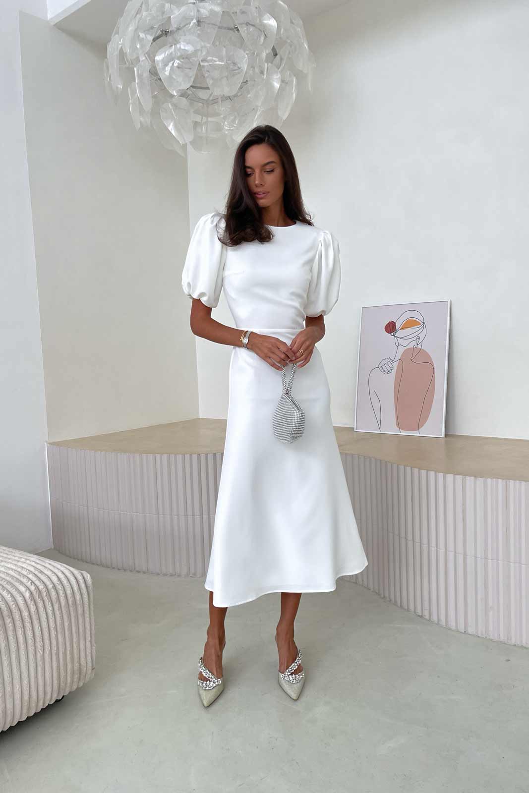 Godet Silhouette Puff Sleeve Midi Dress