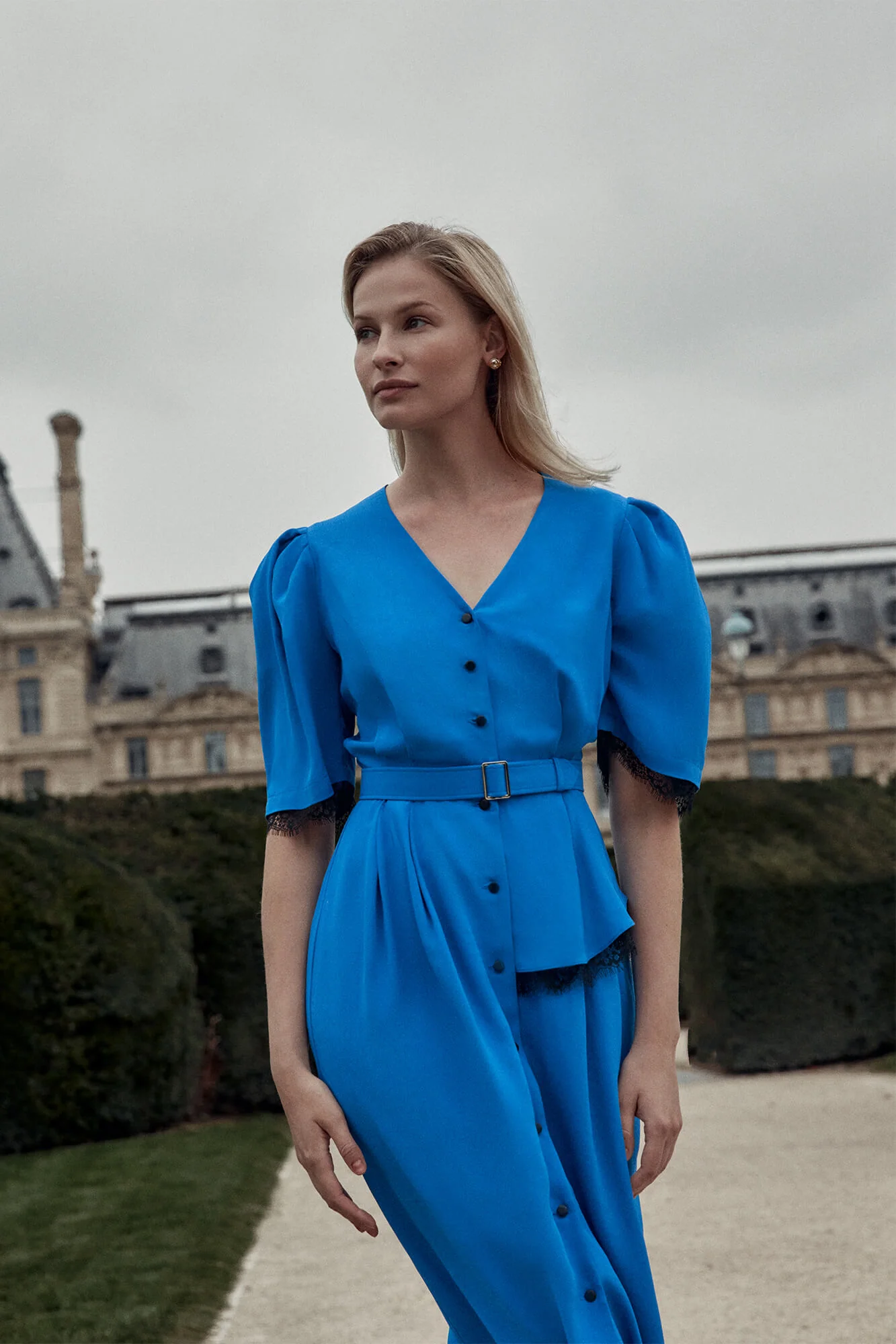 Lace Decorated Button Front Midi Dress with Belt