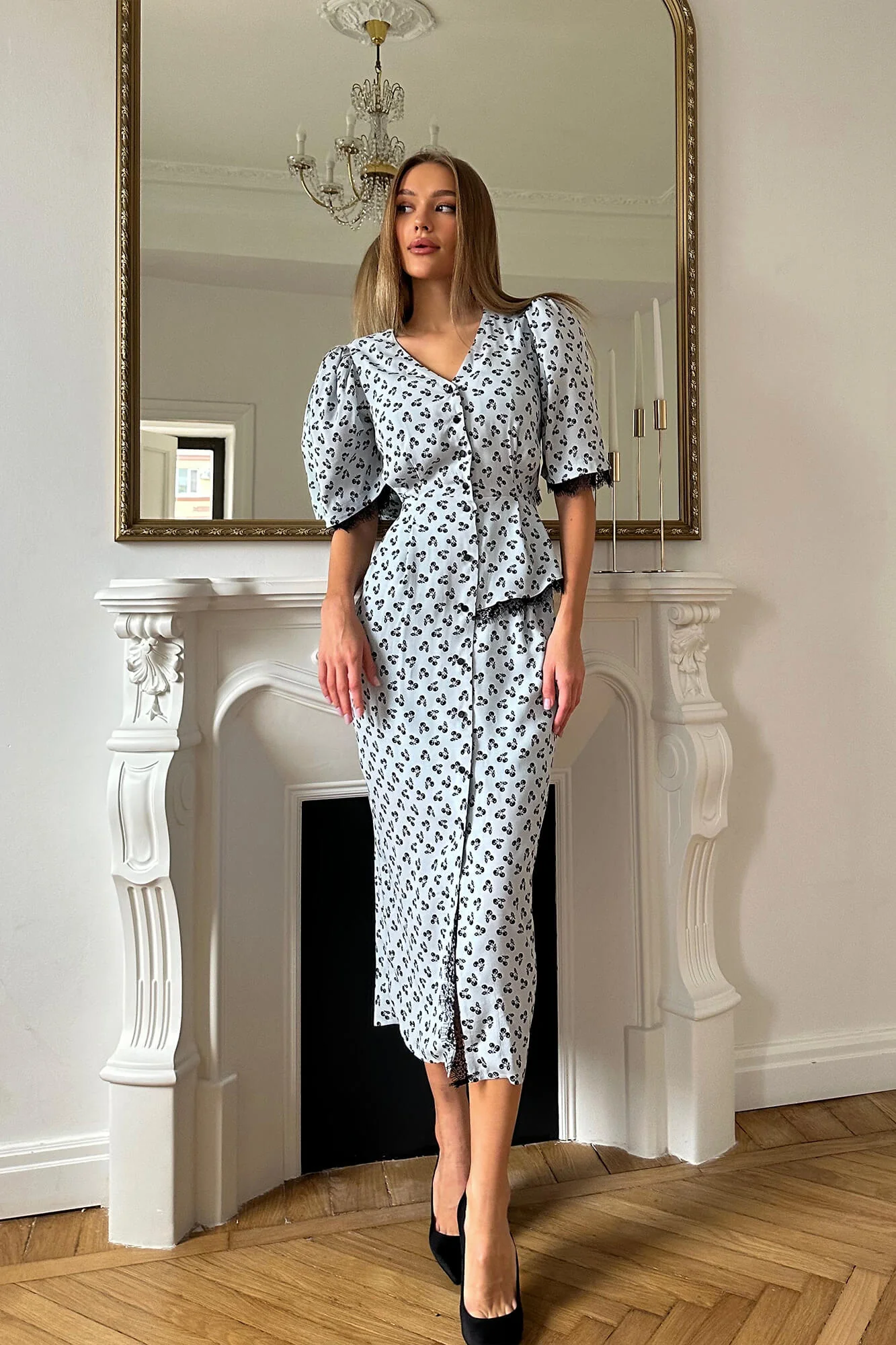 Lace Decorated Button Front Midi Dress