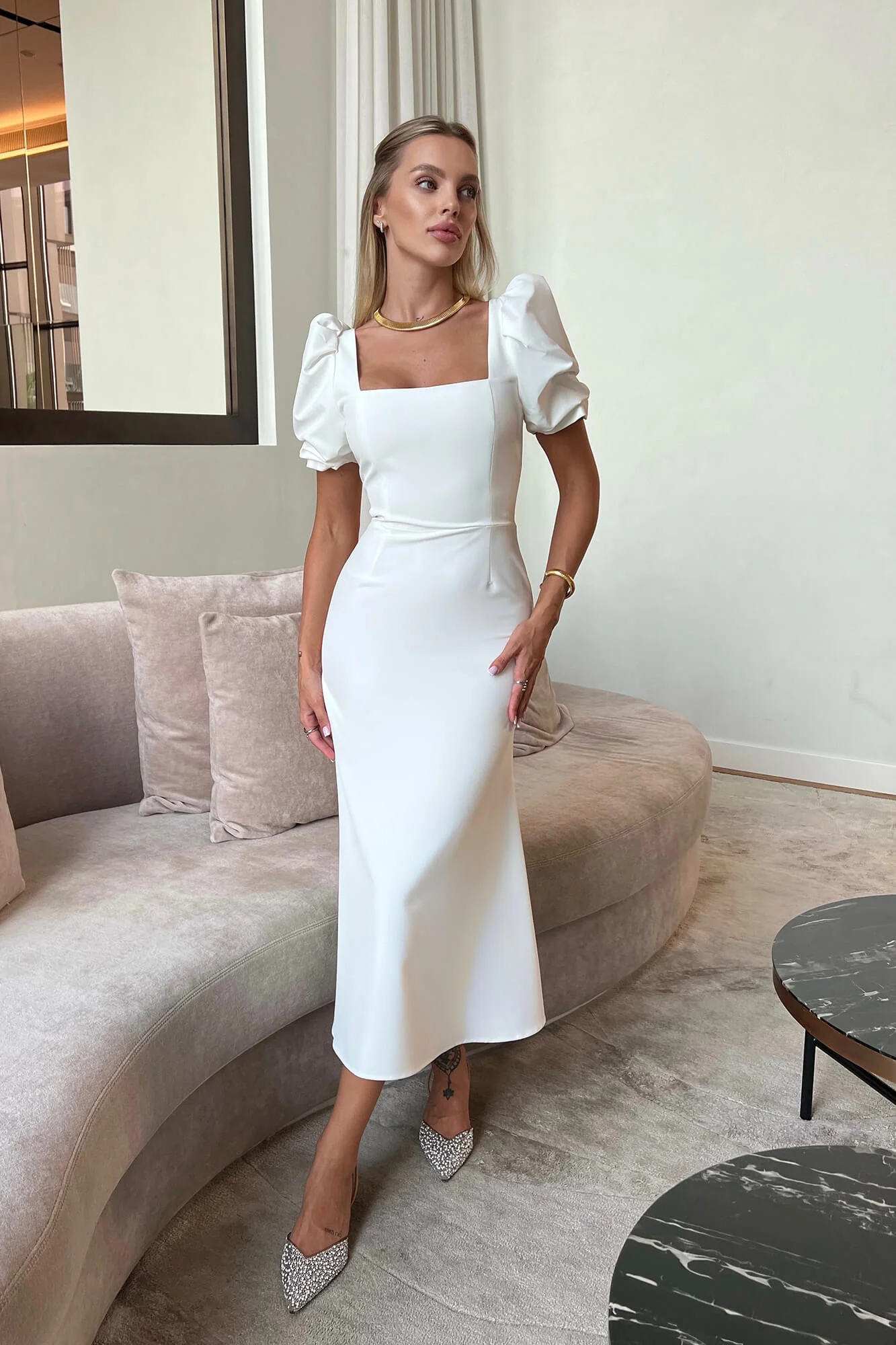 Godet Silhouette Square Neck Midi Dress