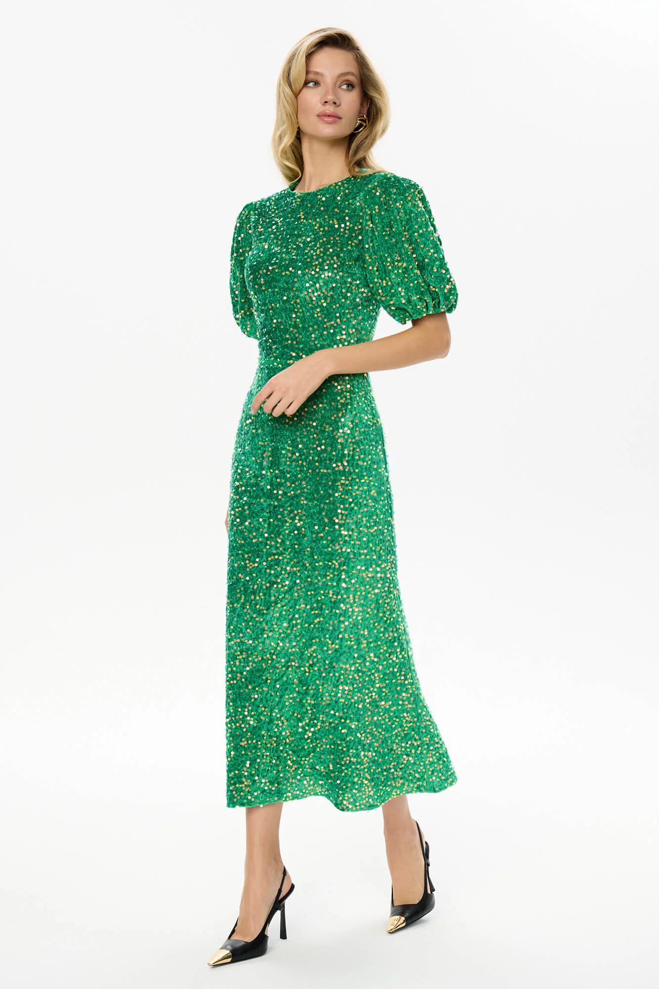 Sequin Decorated Velvet Puff Sleeve Midi Dress